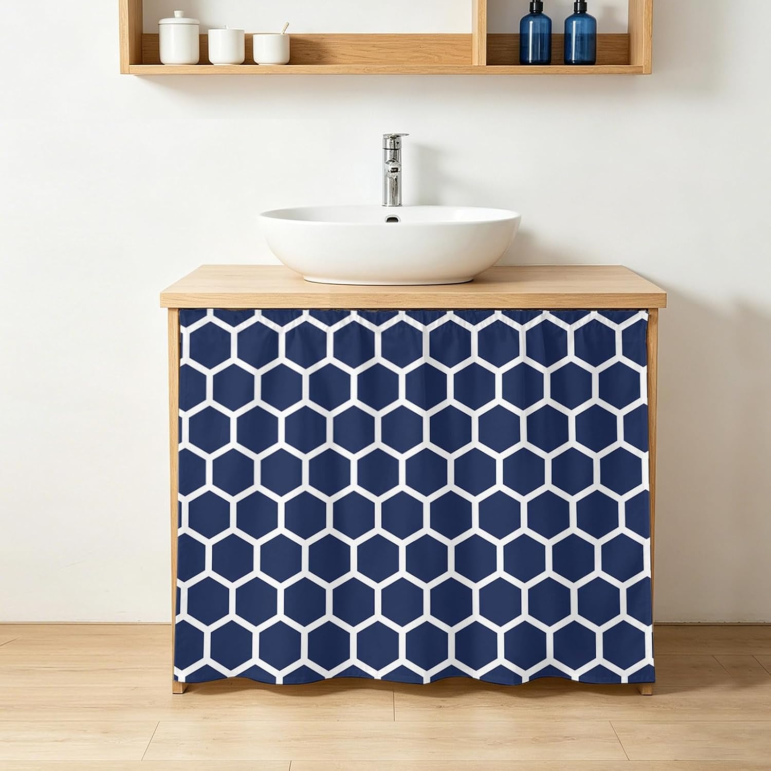 Dark Blue Cabinet Curtains for Shelves, Honeycomb Hexagon Retro Geometric 10" W x 11" L Adhesive Cabinet Curtain with Shelf Curtain for Storage Cubes