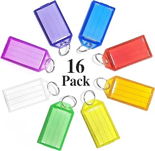 QOIUSO 16 Pack Plastic Key Tags with Label: Key Labels with Split Ring and Label Window - Key Chain Identifiers Markers Tags for Luggage Bags Suitcases and Backpacks - 8 Colors