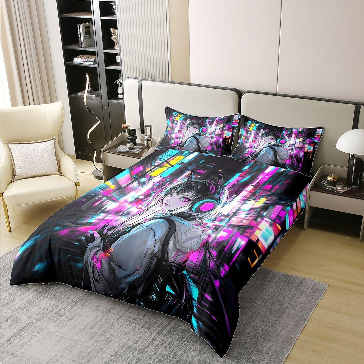 Erosebridal 100% Cotton Anime Girl Comforter Cover Full,Japanese Style 3D Anime Bedding Set for Kids Girls Boys Room Decor,Sci Fi Style Gaming Duvet Cover,Hot Pink Colorful Quilt Cover,Reversible image 2