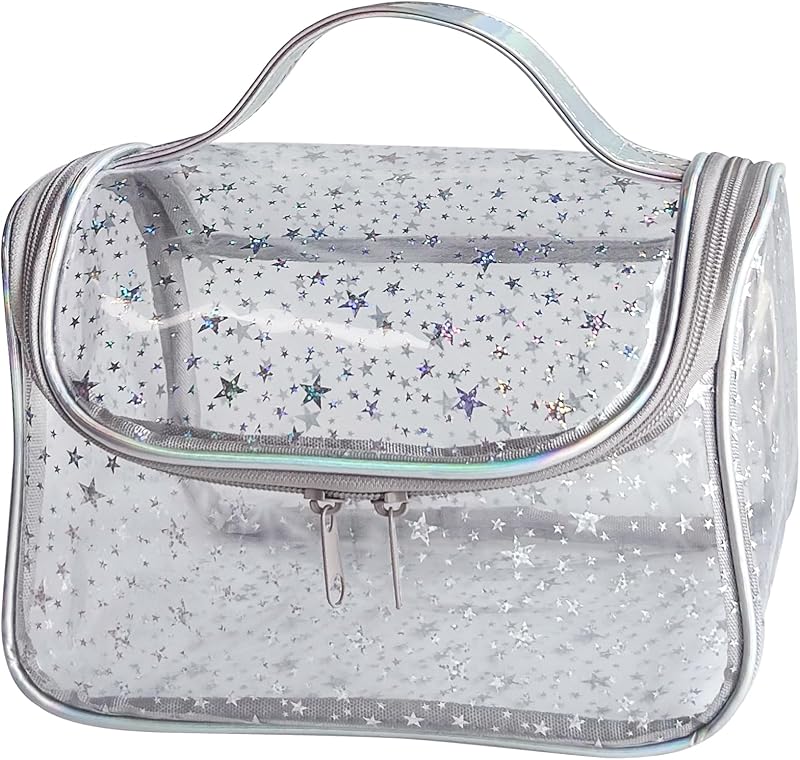 Necessaire transparente TotePrint em PVC com alça, zíper e estampa Silver Star, 23,0 x 15,0 x 23,0 cm