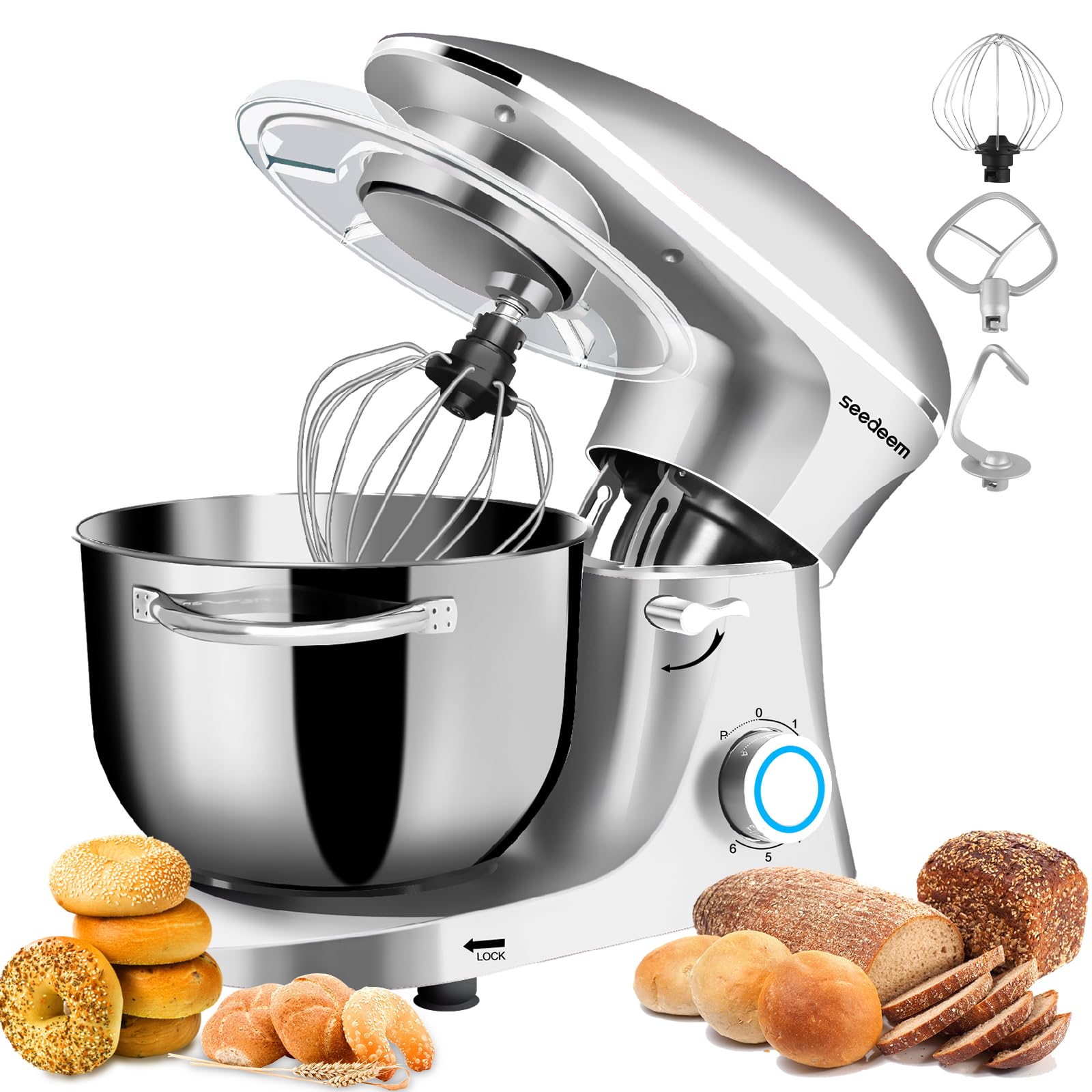 Seedeem 6.5QT Stand Mixer, 660W Tilt-Head Kitchen Electric Mixer with 6 Speeds, Dough Hook, Beater & Whisk, Dishwasher Safe Attachments, Silver