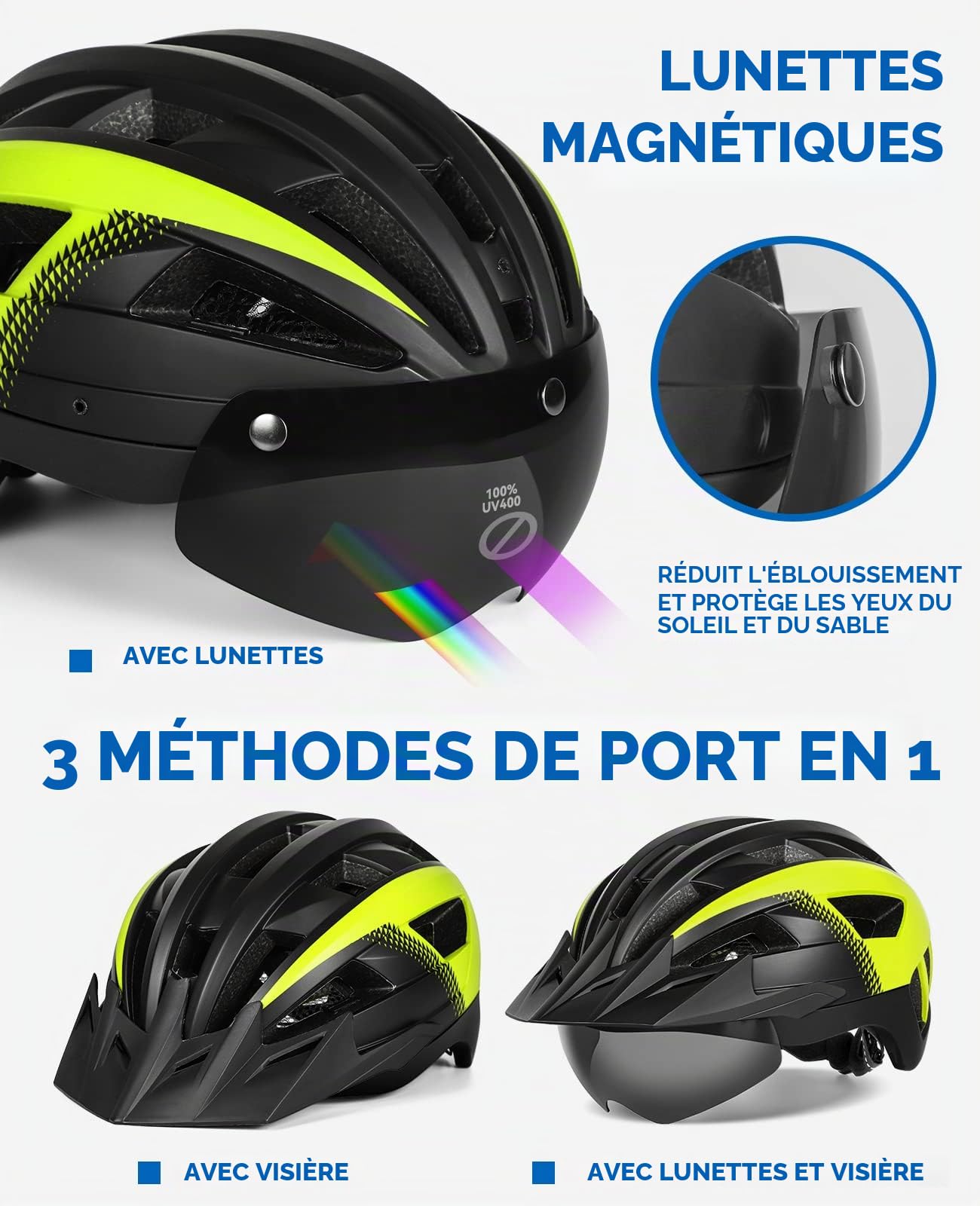 Casque Velo Homme Femme avec Visiere et Lunettes Détachables, Casque Vélo Casques VTT avec Feu Arrière à LED Rechargeable, Casque Cyclisme pour Adulte et Adolescent (XL: 59-63 cm, Noir Jaune)