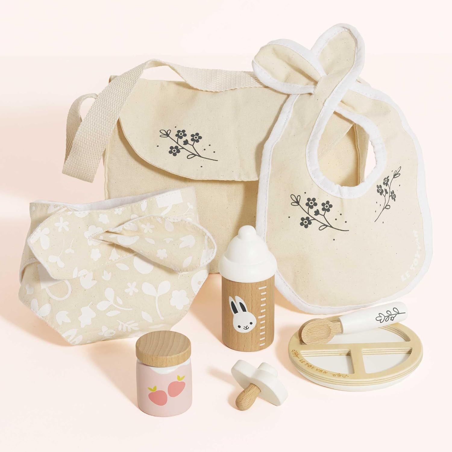 Le Toy Van - Honeybake - Baby Doll Accessories - Natural Cotton + Wooden Toy Dolls Nursing Accessories Set - Scaled Doll Accessories - 8 Piece Set - Dolls and Toys 30-35cm - Age 2+ Years