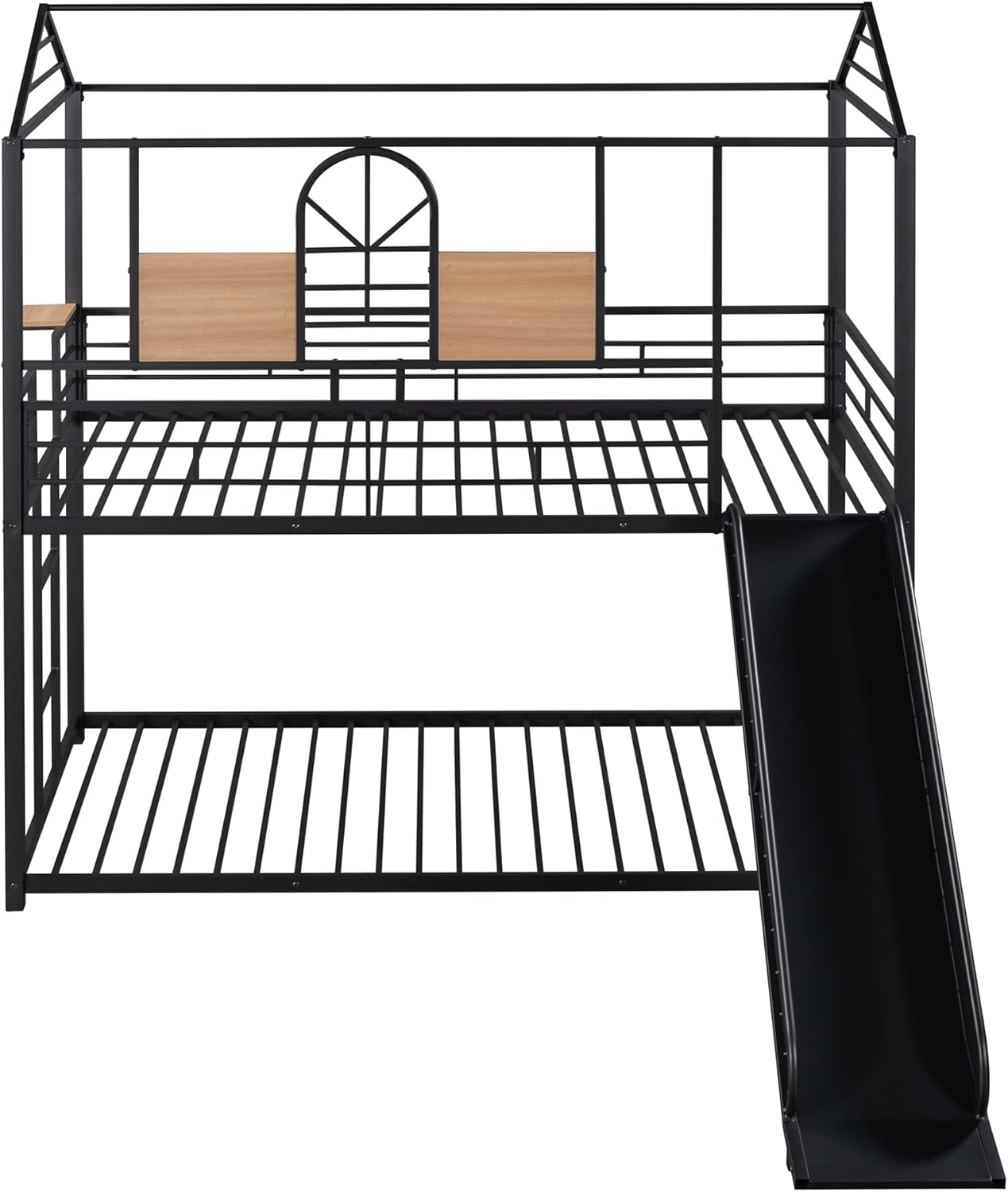Twin Over Twin House Bunk Beds with Slide,Metal Bunk Bed Frame with Roof and Built-in Ladder for Kids Teen Girls Boys Bedroom Furniture Can Be Decorated,No Box Spring Needed (Black)