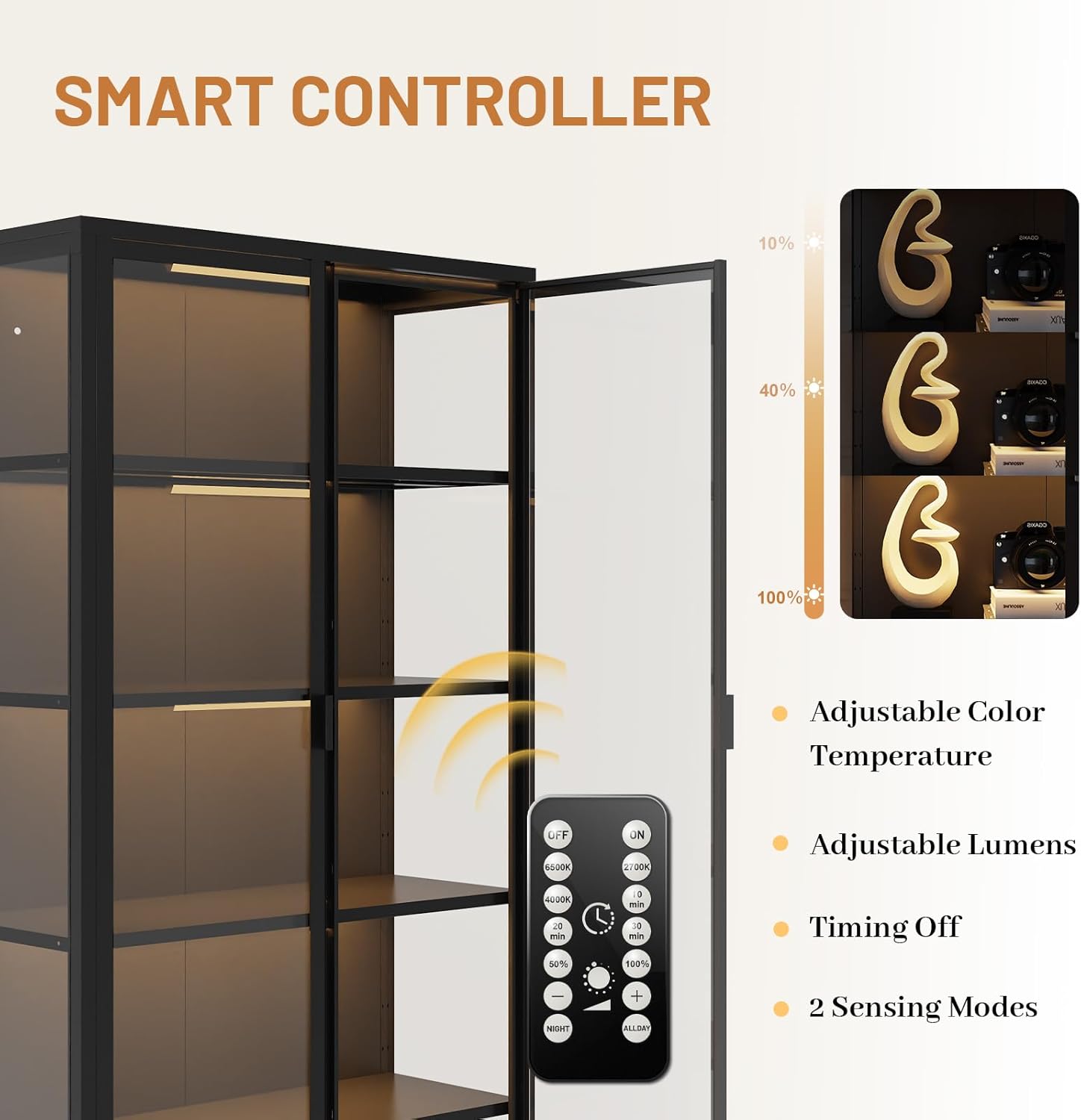 Eltean 71" H Display Cabinet with Glass Doors, 5 Tiers Curio Glass Display Cabinet with 3 Colors LED Sensor Light,Display Cabinets for Collectible with 4 Adjustable Shelves for Living Room,Bedroom
