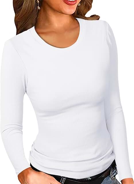 PALINDA Womne's Ribbed Round Neck Slim Fitted T Shirts Basic Solid Long ...