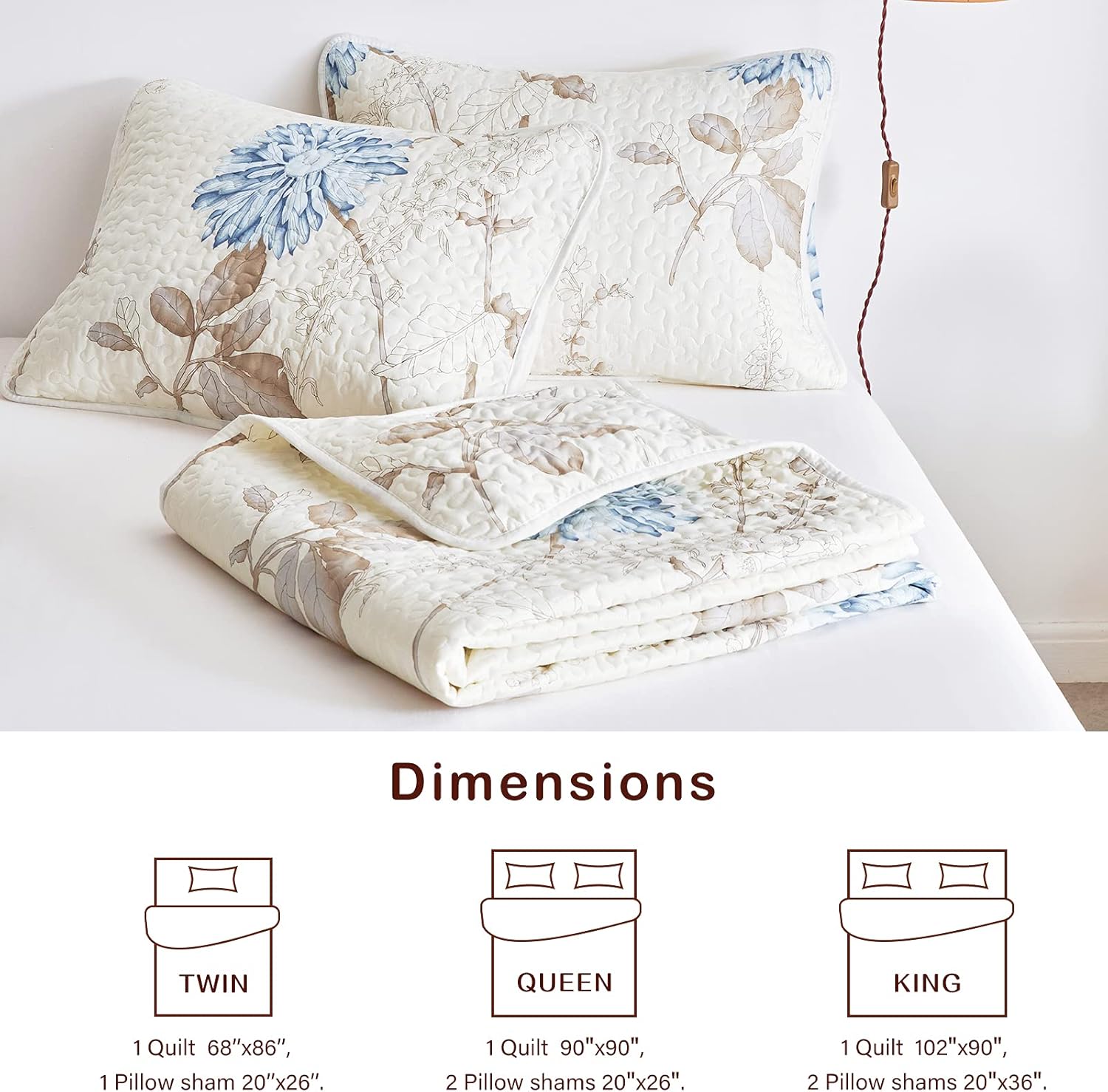 Joyreap 3 Pieces Microfiber Quilt Set, Elegant Flower Botanical Reversible Design, Bedspread Bed Cover for All Season, 1 Quilt and 2 Pillow Shams (Full/Queen, 90x90 inches)