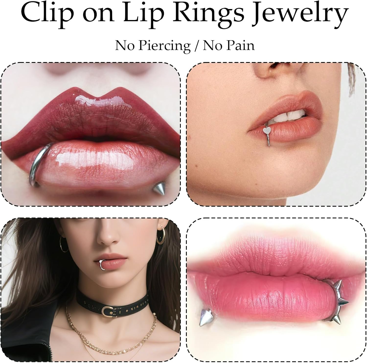 14 Pcs Fake Lip Rings Set, Silver Tone Faux Lip Cuff Non Piercing Clip On Jewelry, Vampire Fangs Tiger Teeth, Star & Heart Non Piercing Jewelry for Halloween Cosplay Goth Accessories