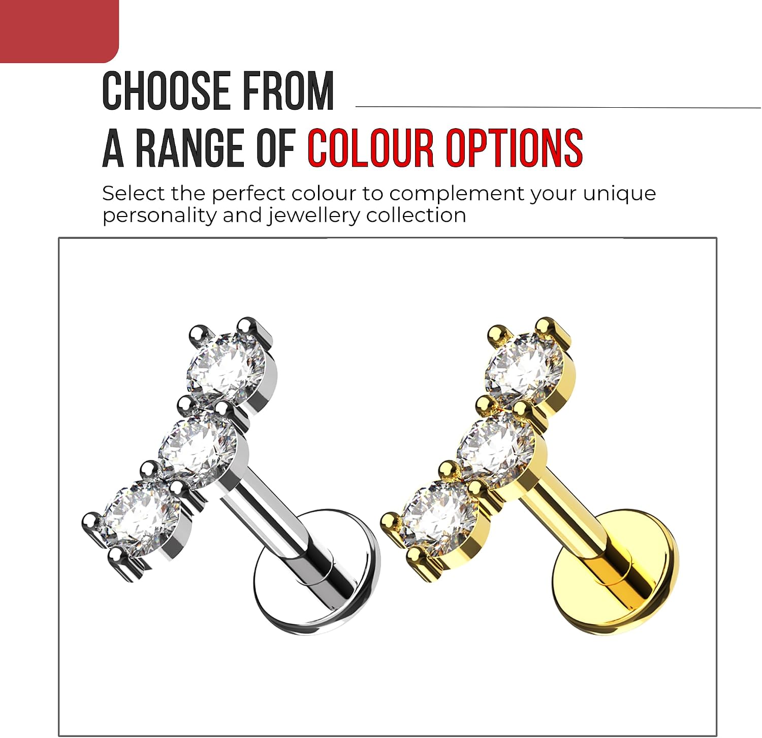 Tri Round Cz Stones Curved Internally Threaded Top 16 Gauge - 6mm, 7mm, 8mm Length Surgical Steel Tragus Labret - Tragus Bar Piercing - Helix Stud - Lip Piercing Body Jewelry