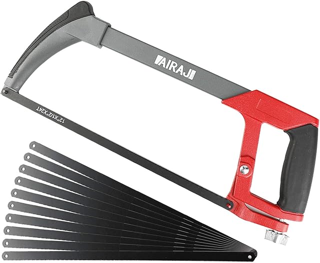 AIRAJ Hacksaw 300MM,Handheld Hacksaw with 10 Interchangeable Blades,45°/90° Hacksaw Frame for Metal,Wood,Steel,PVC Pipe,Frozen Meat,Hacksaw and Plastic,Professional High-Tension Hacksaw