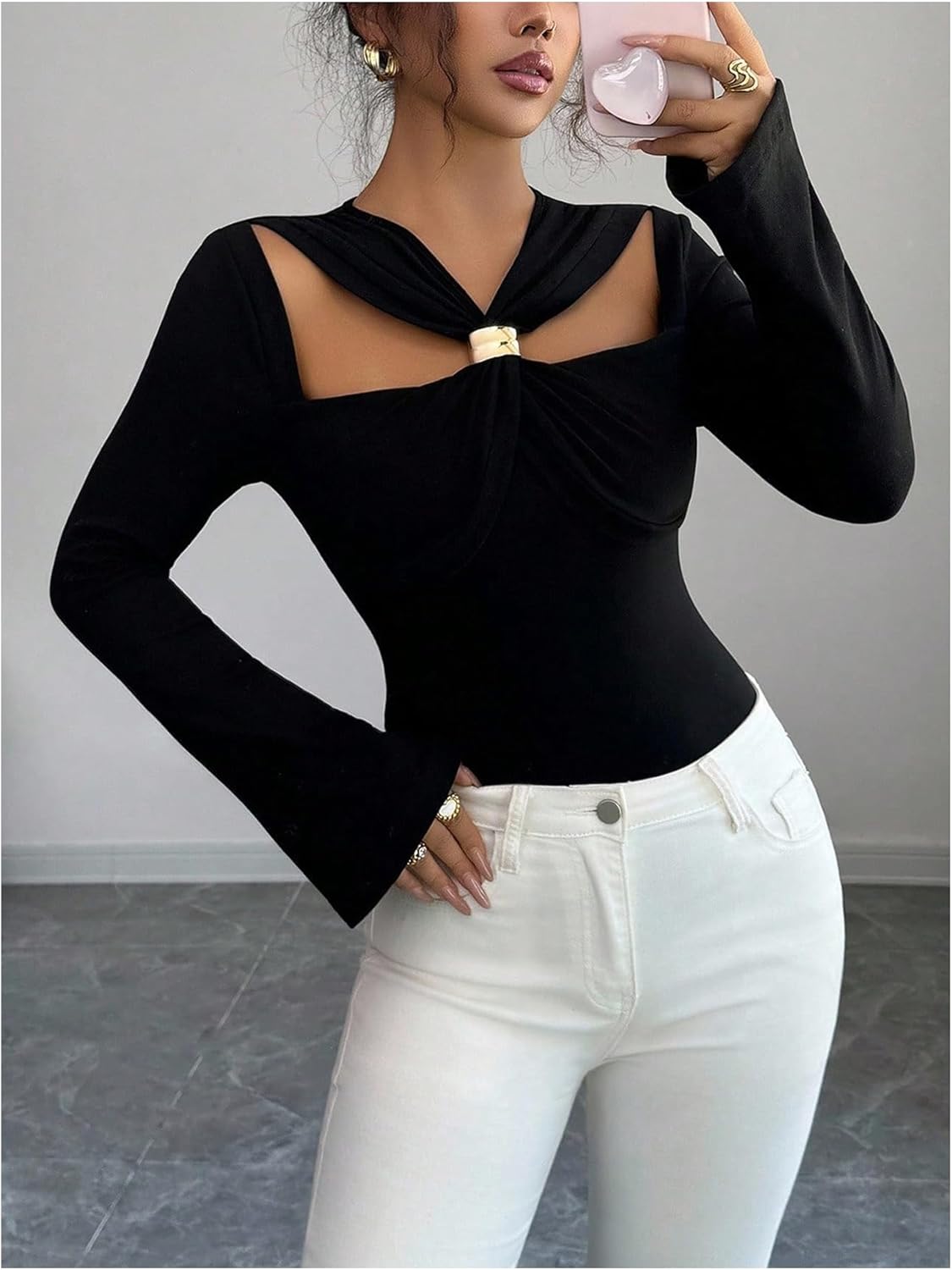 GORGLITTER Women's Twist Front Old Money Tops Metal Cut Out Long Sleeve T Shirts Fitted Going Out Top 2025 - Image 3