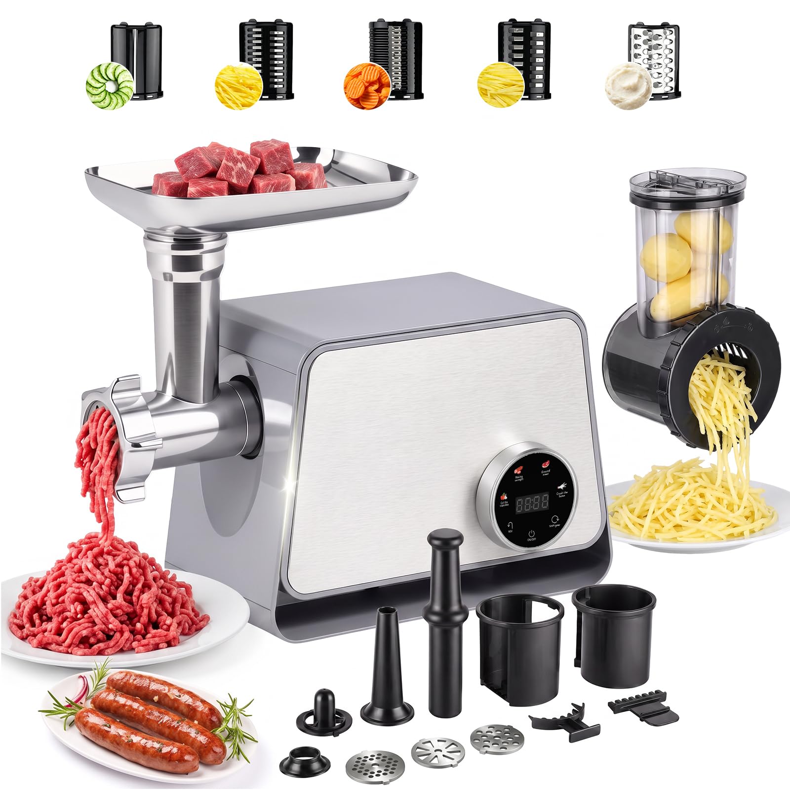 MoraRise Electric Meat Grinder & Vegetable Slicer, 2-in-1 Food Processor