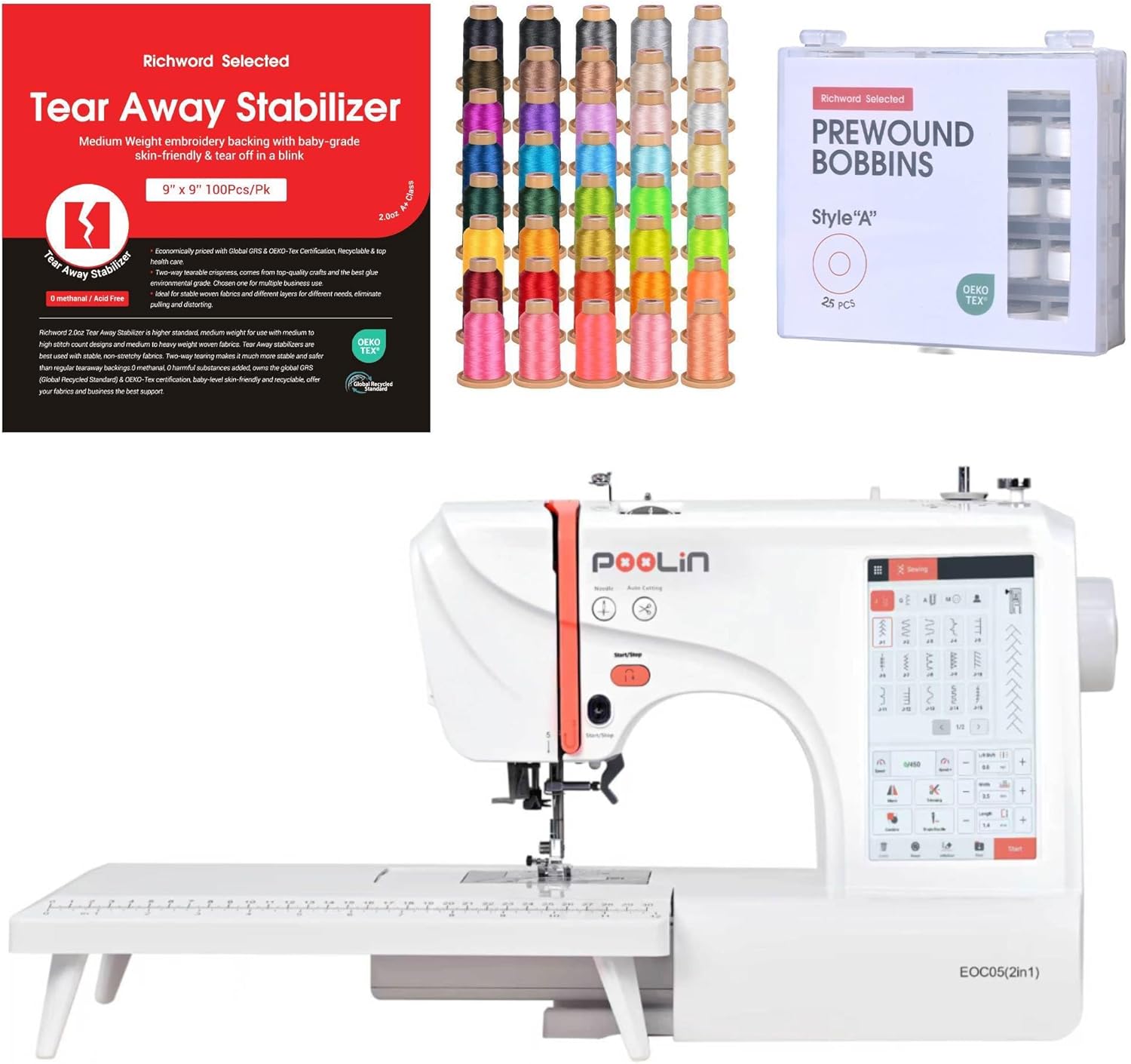 Poolin EOC05 2-in-1 Sewing & Embroidery Machine Bundle with Thread, Pre Wound Bobbins and Tear Away Stabilizers