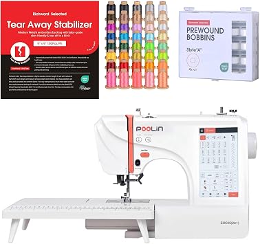 Poolin EOC05 2-in-1 Sewing & Embroidery Machine Bundle with Thread, Pre Wound Bobbins and Tear Away Stabilizers
