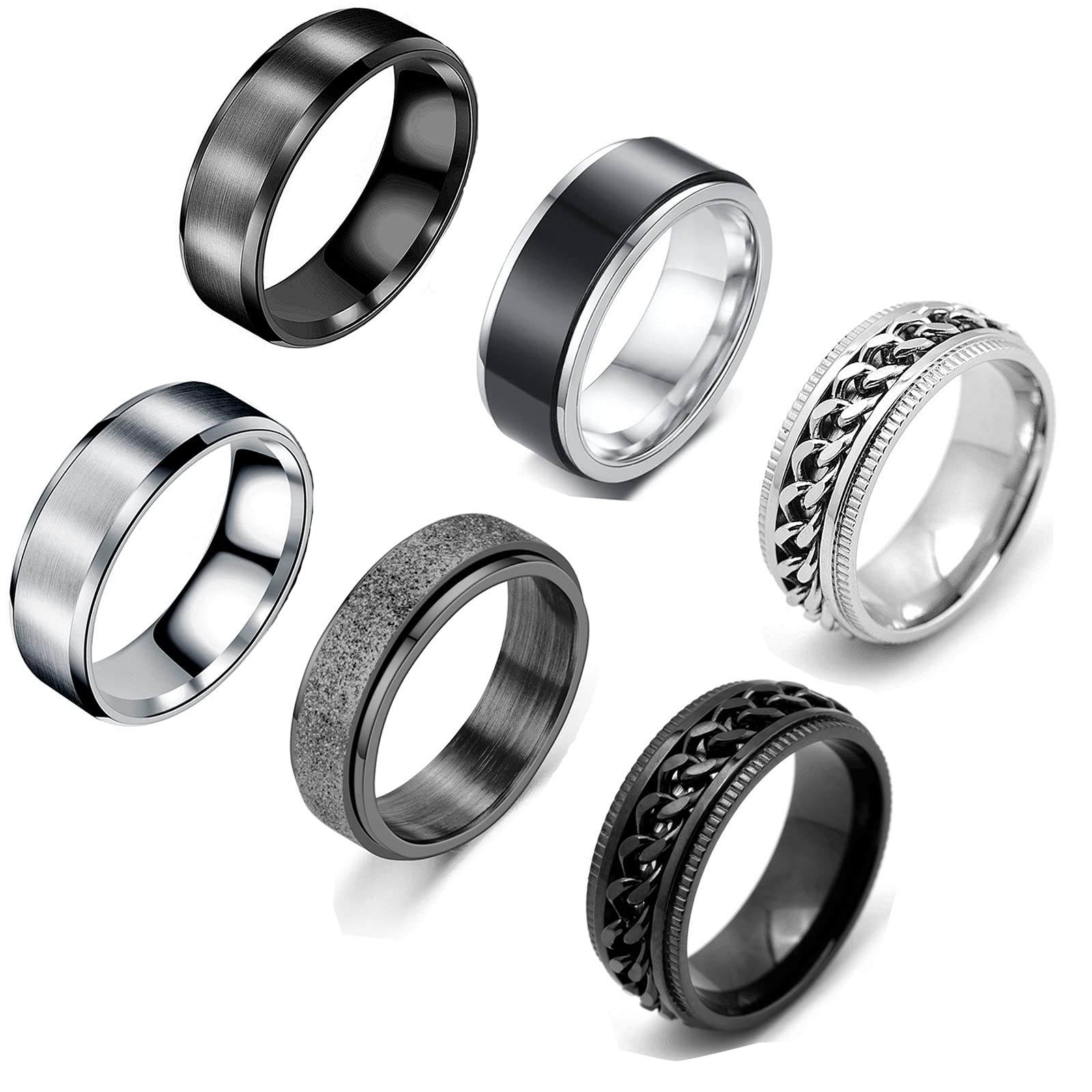 VELESAY 6 Piezas Anillos Hombre Acero Inoxidable Vintage Cadena Anillos Giratorios Anillos para Hombres Mujeres Anillos Hombre Negro Anillo Giratorio Hombre Anillos de Acero Mujer
