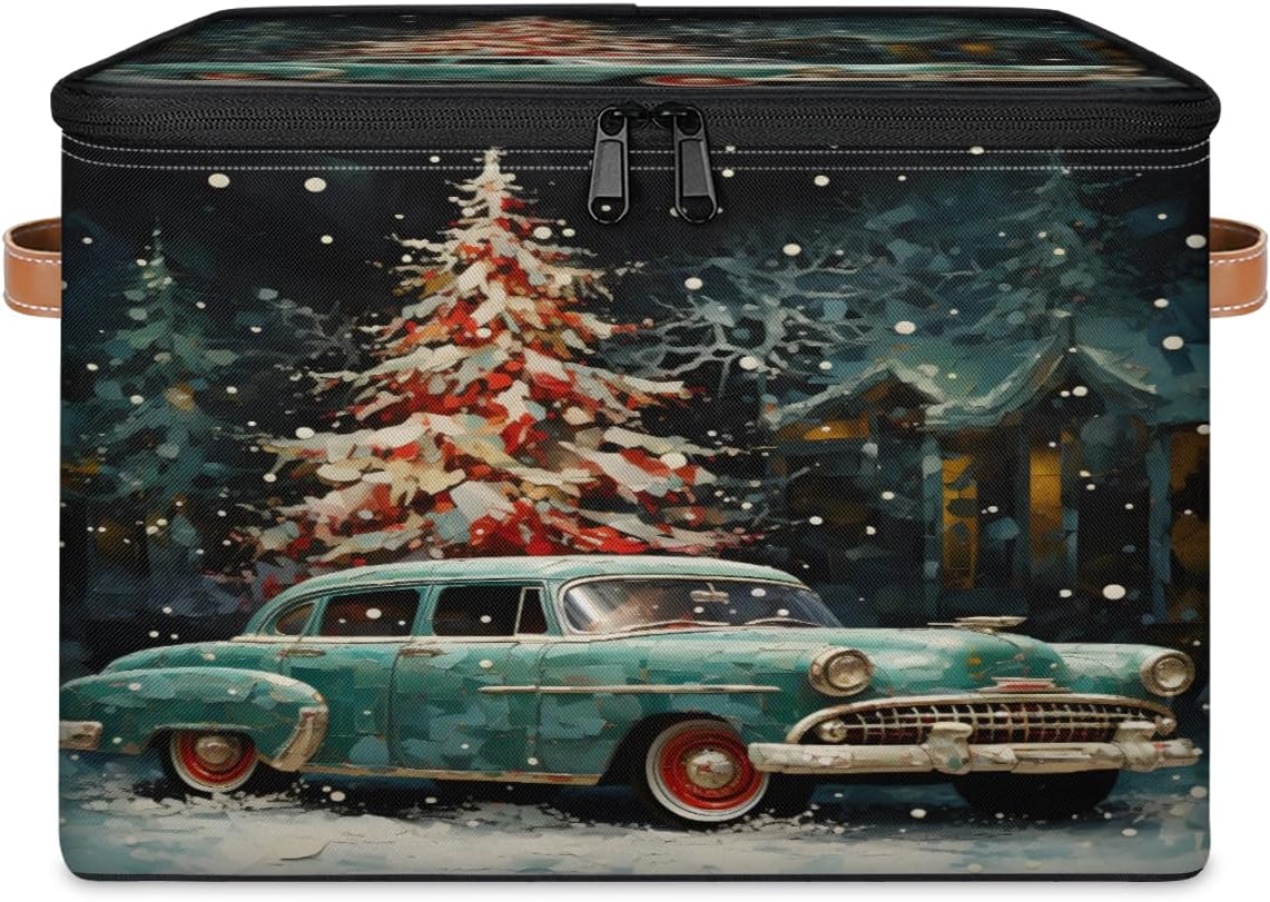 Storage Bin Set of 2 Christmas Winter Car Storage Basket with Zipper Lid & Handle Foldable Closet Shelf 2 Pack Cloth Organizer Basket Cube Bins Clothes Organizer for Nursery, Bedroom