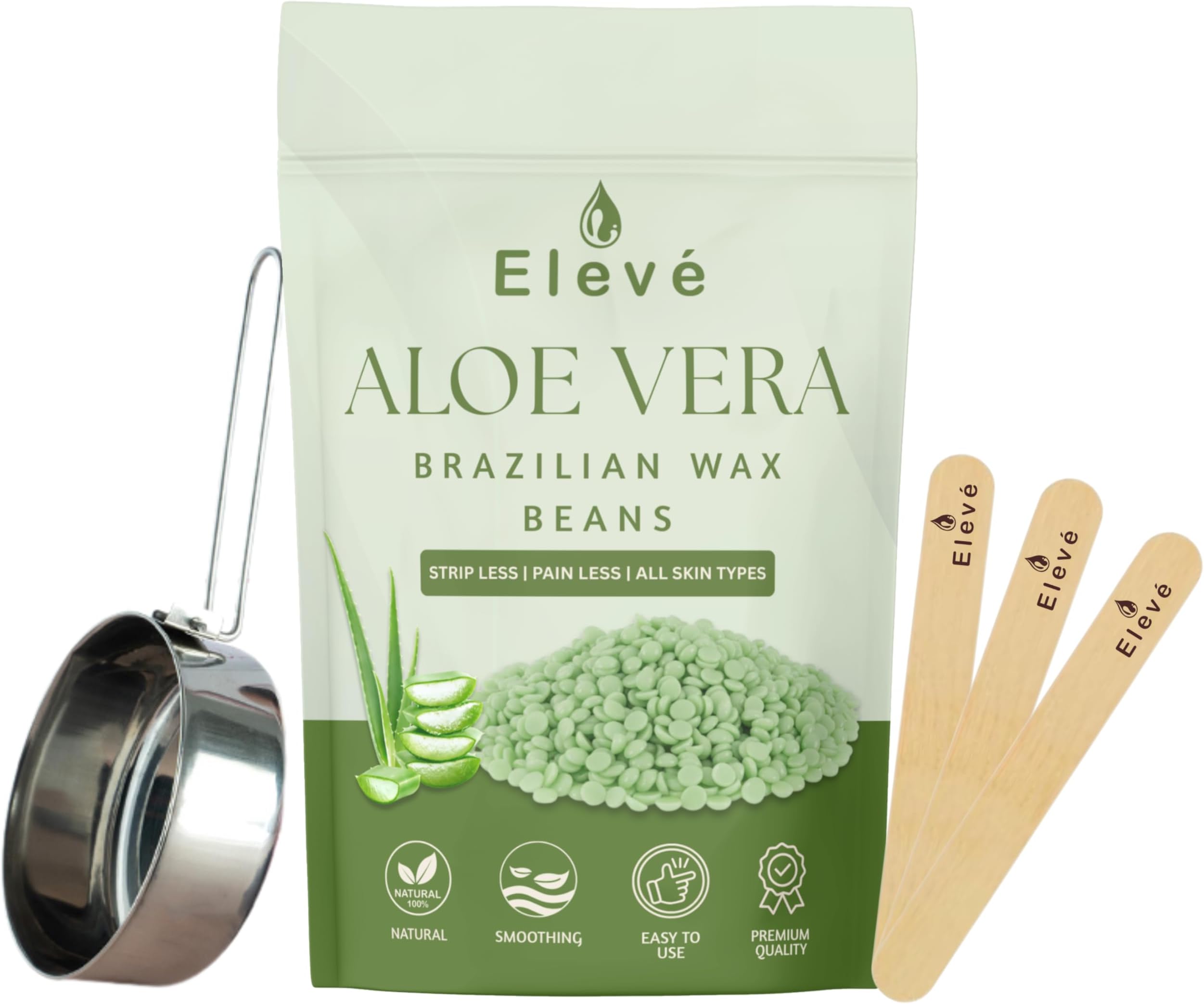Eleve Brazilian Beans Wax, Face Wax/Katori Wax for Women | India’s 1st Liposoluble Stripless Wax | Pan with Handle & Spatula | Natural Ingredients | For Upper Lips, Chin, Cheeks & Hairline (100 Gm, Aloe Vera)