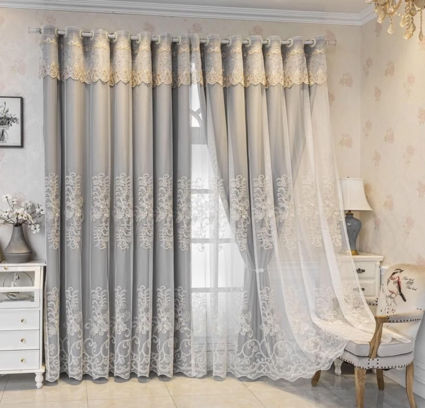 Zasłony 160 cm długość 2 panele, szare czarne rustykalne zasłony wiejskie poliester koronka haft dwuwarstwowy szer. 137 x dł. 160 cm