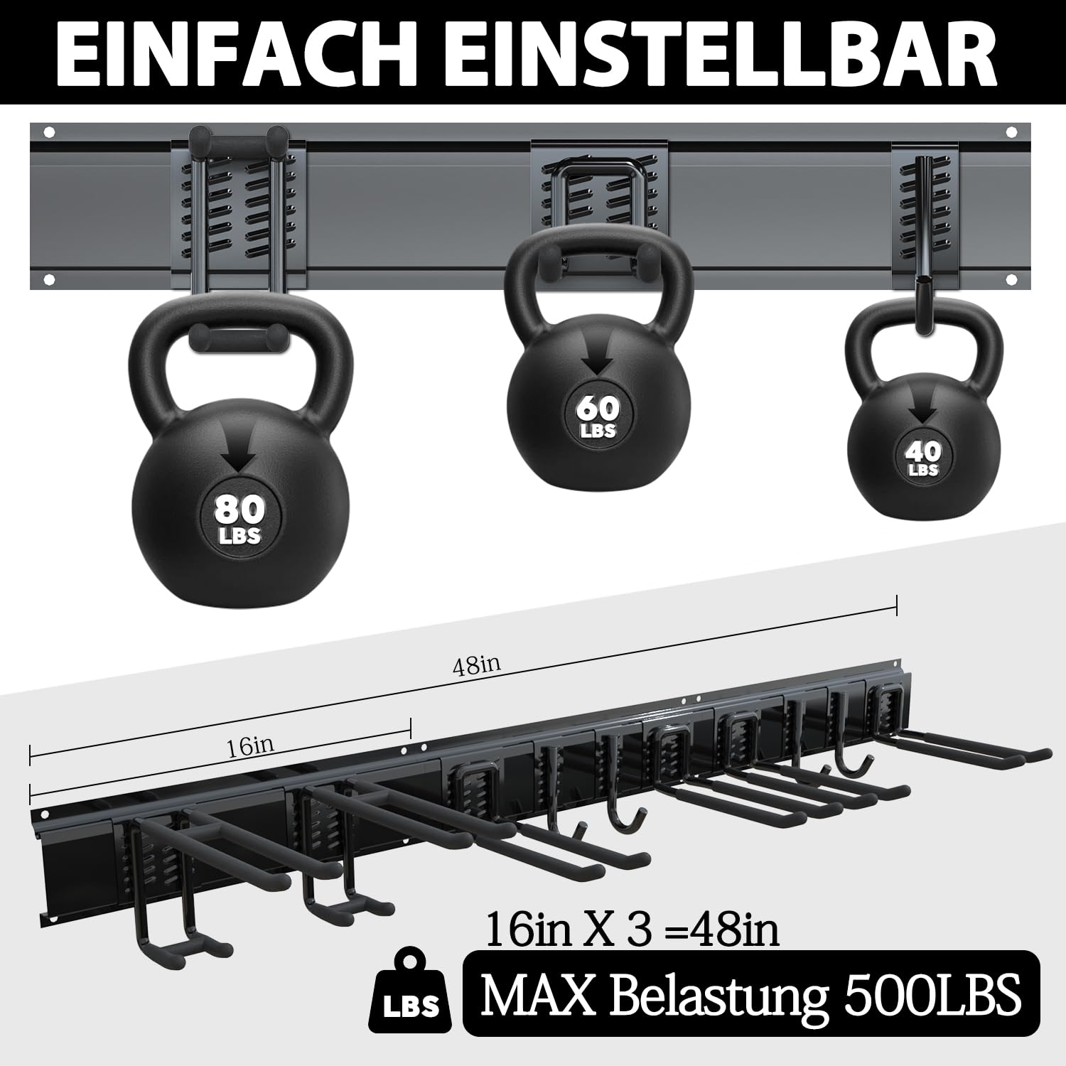 3-H Garage Aufbewahrung,120cm Einstellbar 10 Wandhaken Garagen und 4 S Haken für Gartengeräte,Werkzeughalter Wand Gartengerätehalter für Garage Keller Skiausrüstung Besen Stühl Rechen Schaufel Schwarz