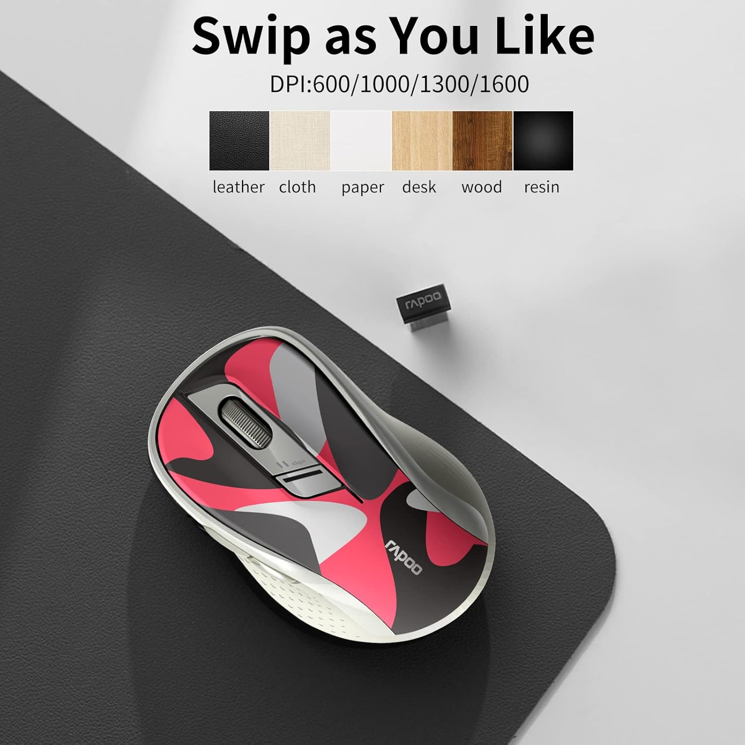 Төмөнкү view of Rapoo M500 mouse showing ON/OFF switch and Bluetooth button