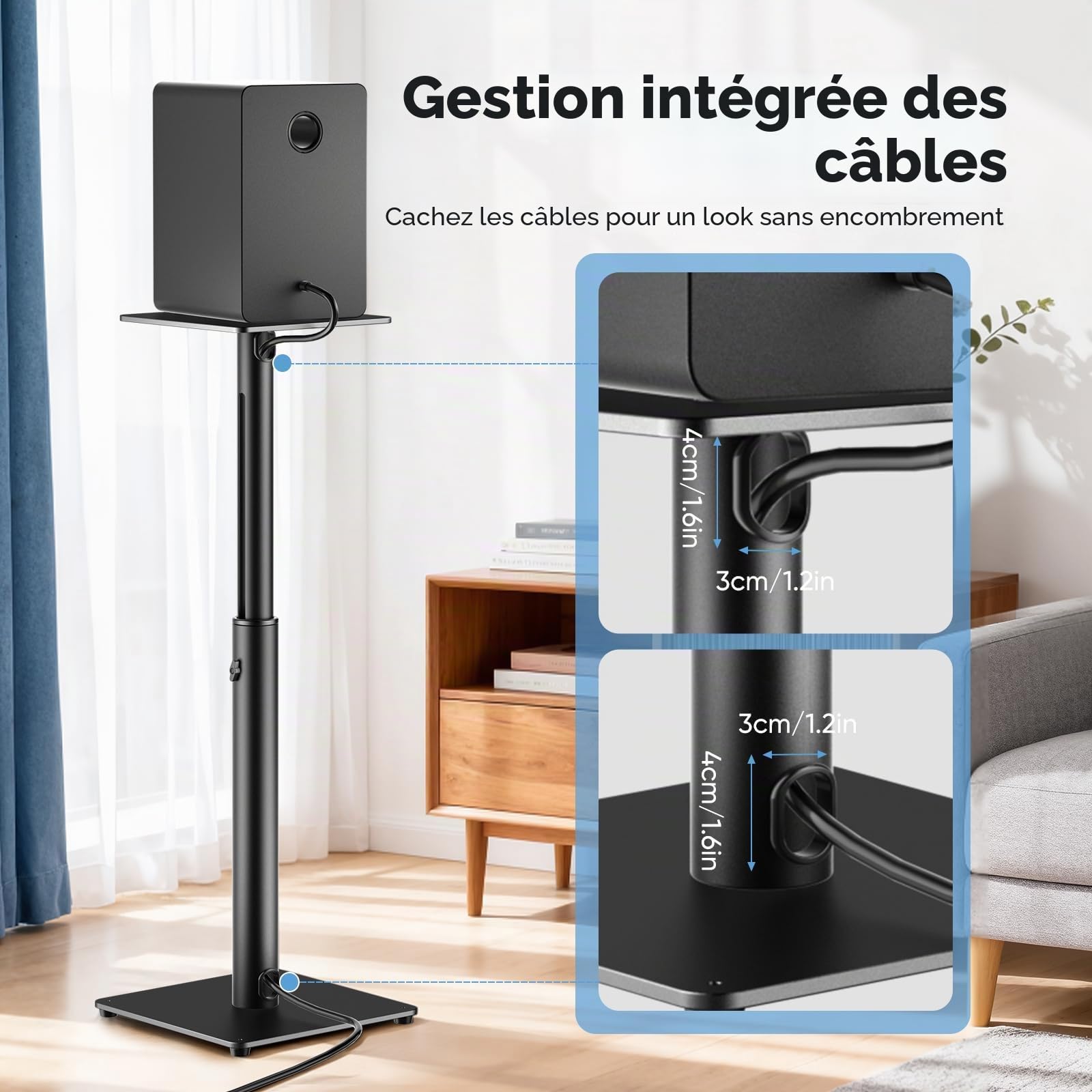 1 paire de supports d'enceintes universels réglables en hauteur de 72 à 120 cm avec gestion des câbles stable, capacité de charge de 15 kg