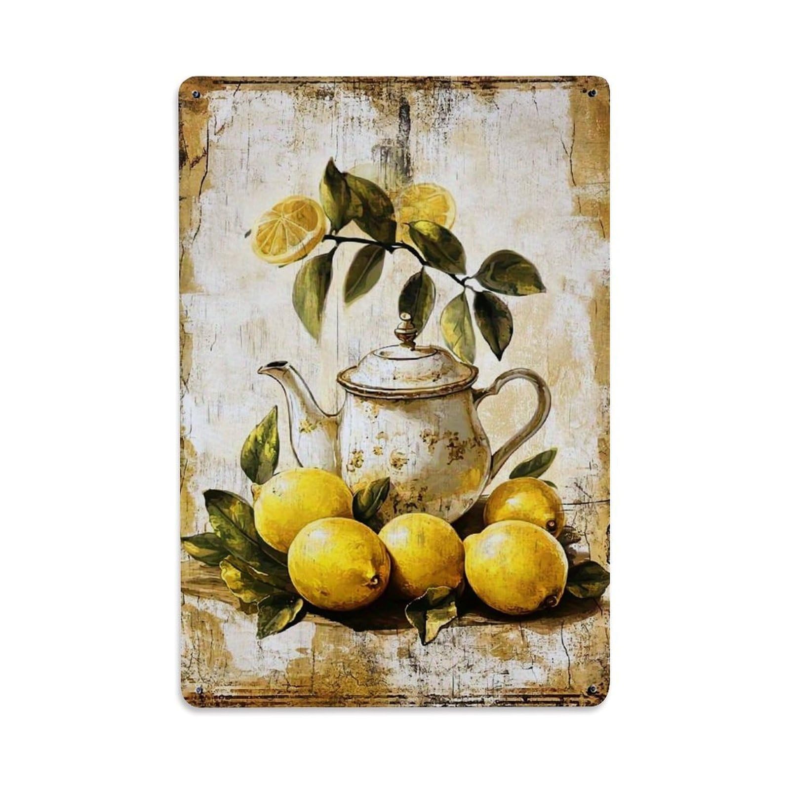 Jdfenggu Vintage Lemon Teapot Still Life Art Retro Metal Tin Sign, Decor Art Poster For Bar, Home, Man Cave, Kitchen, Laundry Room Gift 8X12inch