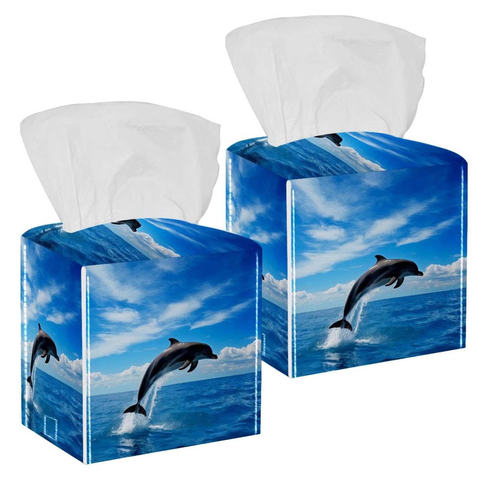 Dolphin Jumping Tissue Box Cover, 2 Pack PU Leather Square Facial Tissue Dispenser Box holder for Home Office Car