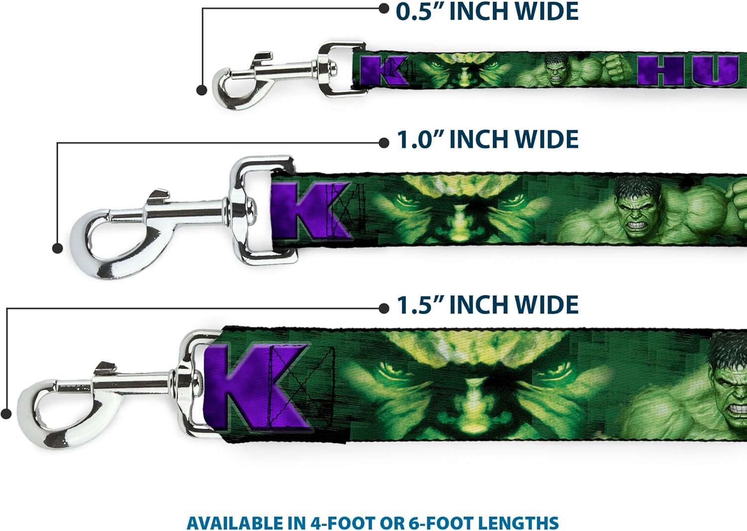 Dog Leash Hulk Face Close Up Action Pose Greens Purples 6 Feet Long 1.5 Inch Wide