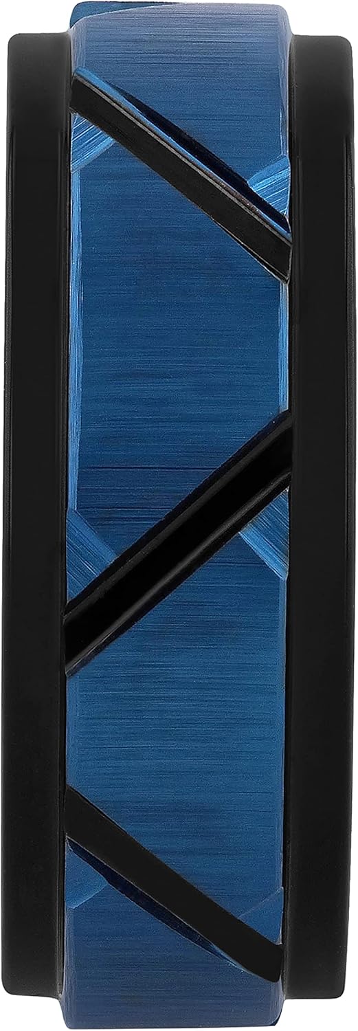 Tantalum Carbide 8mm Black and Blue Matte Finish Slanted Groove Men’s Wedding Band Ring