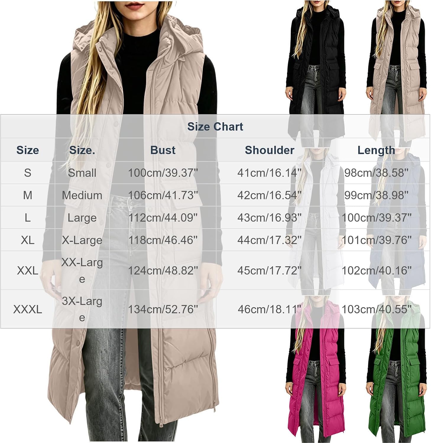 Women's Long Hooded Quilted Puffer Vest Full Zip Winter Jacket