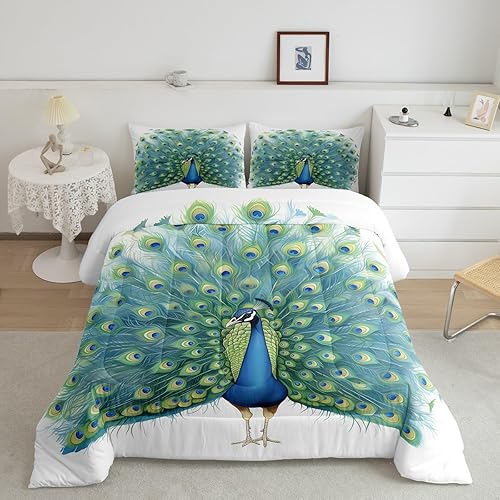 Juego de edredón de pavo real, lindo relleno de edredón dibujado a mano para niños y adolescentes, juego de ropa de cama con estampado de plumas de