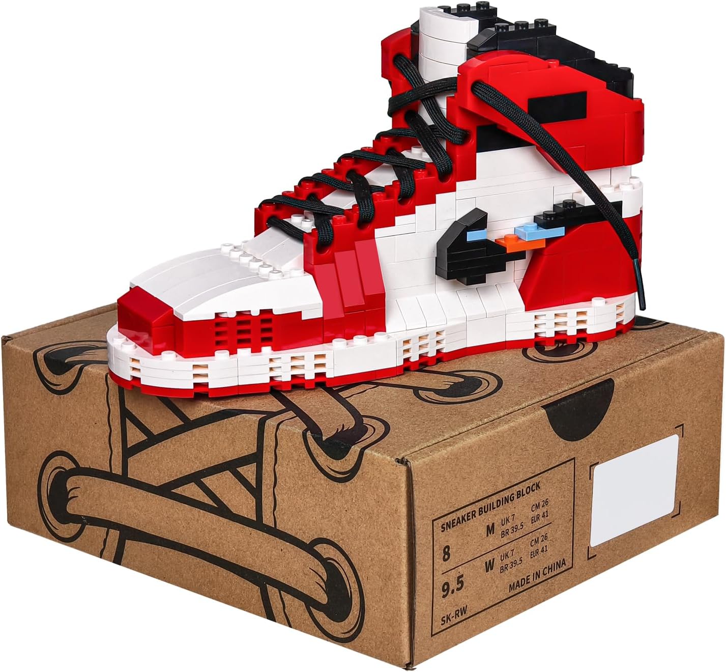 Basketball Red-White Sneaker Building Set with Real Shoelace, Compatible with Lego 630 Accessory, Sports Shoe, Office Desk Decor, Best Gift for Basketball Fans, Father's Day, March Madness, 4+, 356Pcs