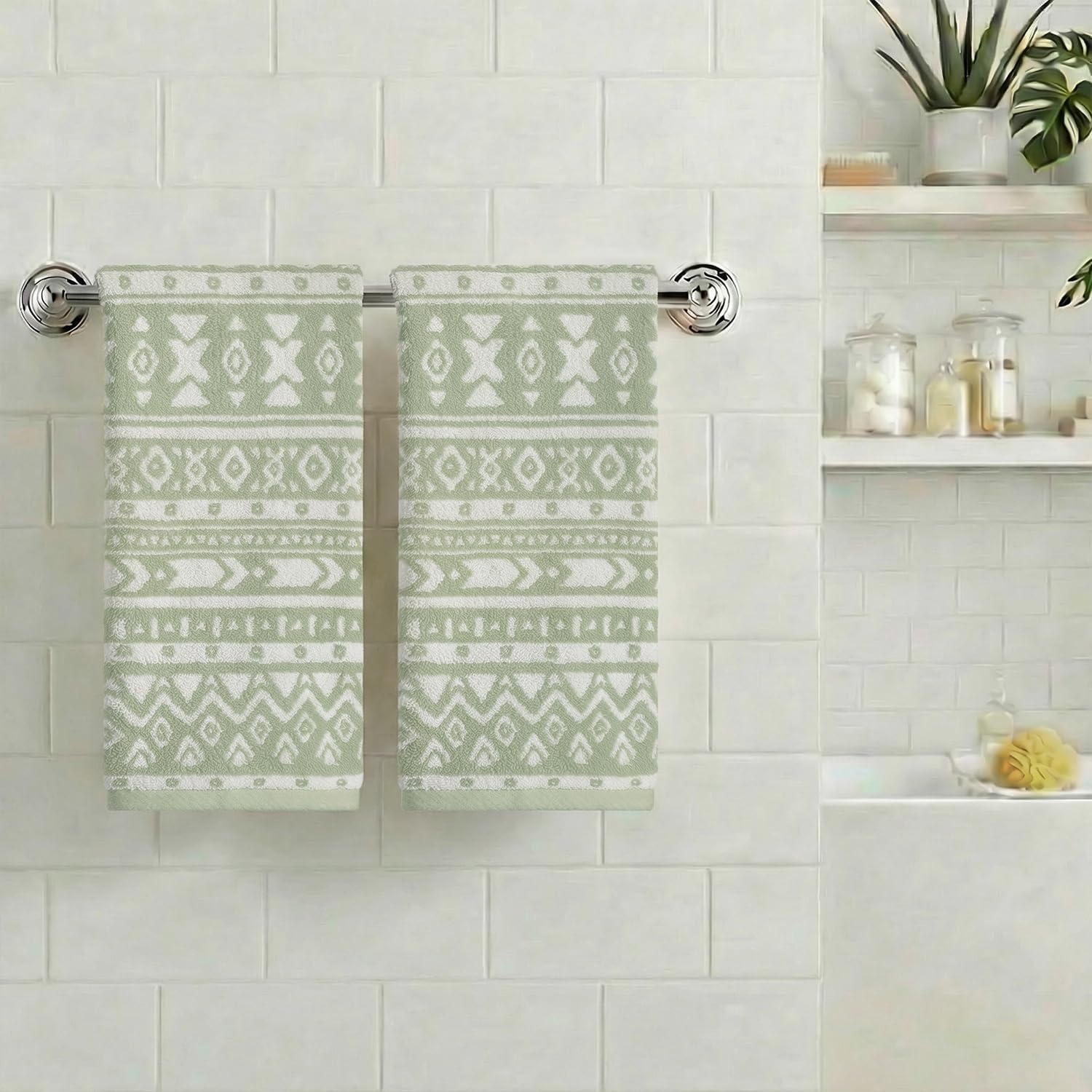 Artoid Mode 2 Pcs Beige Green Geometric Design Jacquard Hand Towels for Bathroom, 100% Cotton Soft Absorbent Bathroom Decor Towels, 13.7 x 29.5 Inch
