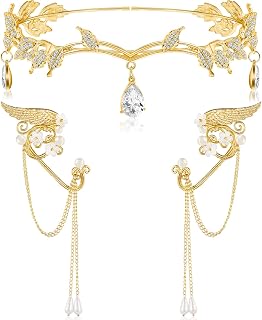 3 Pieces Rhinestone Leaf Headband and Elf Ear Cuffs Crown Headband Earrings Accessories for Cosplay Decoration (Gold)