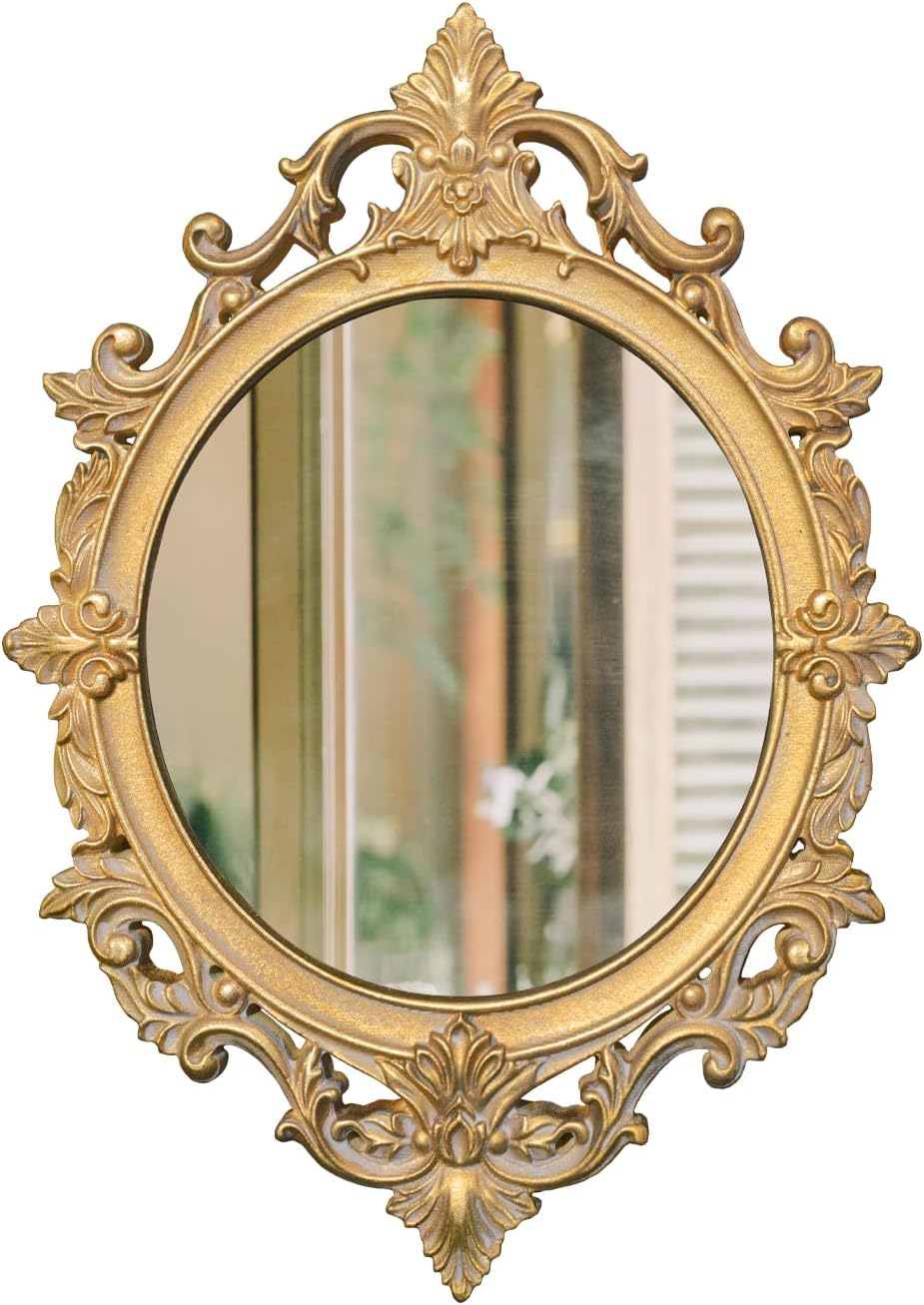 Vintage Ornate Wall Mirror, Baroque Carved Decorative Frame, Distressed Antique Gold Finish, Classic European Wall Mounted Mirror for Bathroom Vanity Bedroom Living Room, 15.8 x 22 Inch (Oval A)