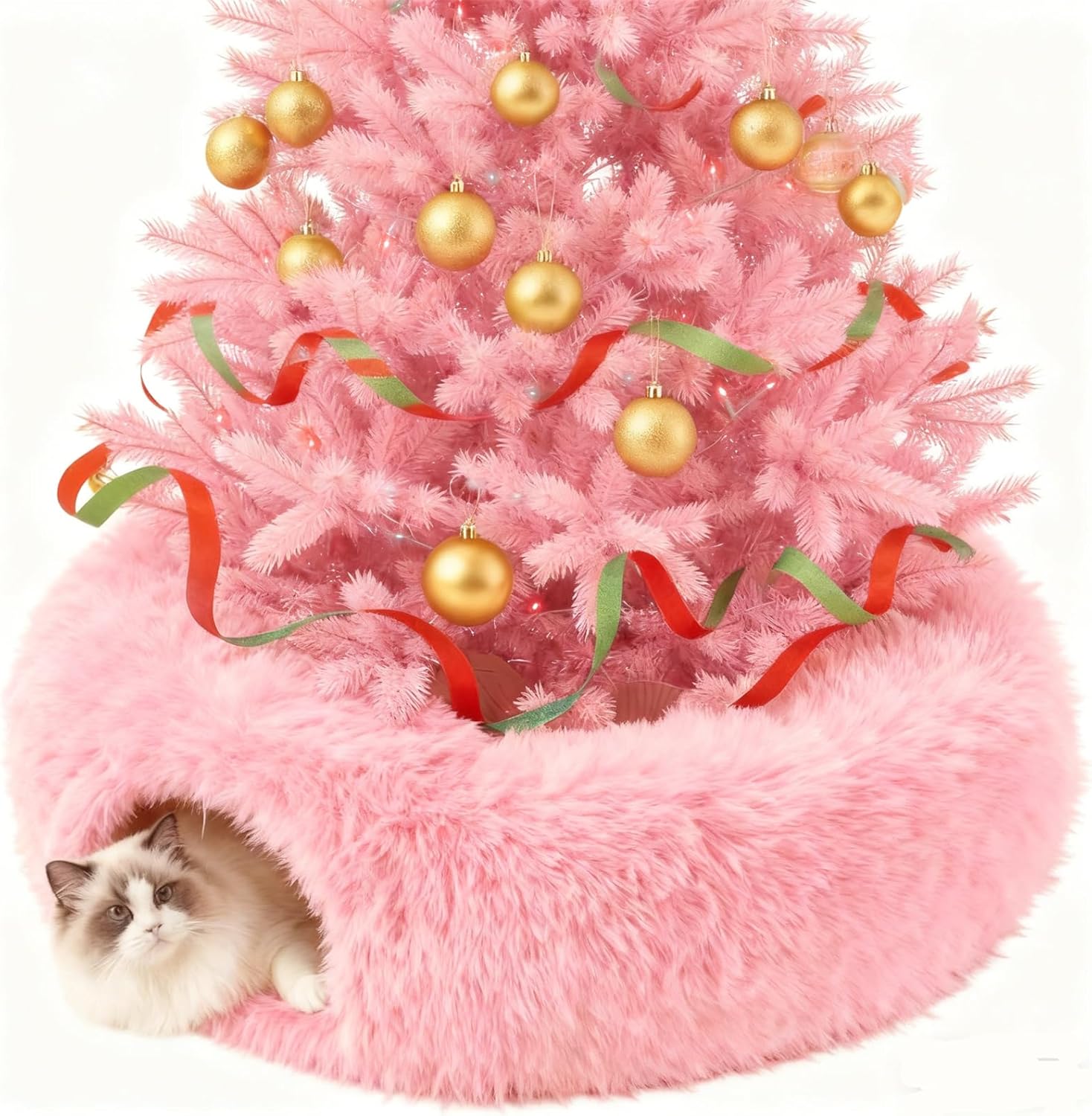Cat Tunnel Bed Under Christmas, Luxury Donut Cat House Xmas Tree Skirt Tunnel Bed with Washable Cushion, Two-Entry Peekaboo Round Christmas Kitty Donut for Kitten Puppy Rabbit Ferret