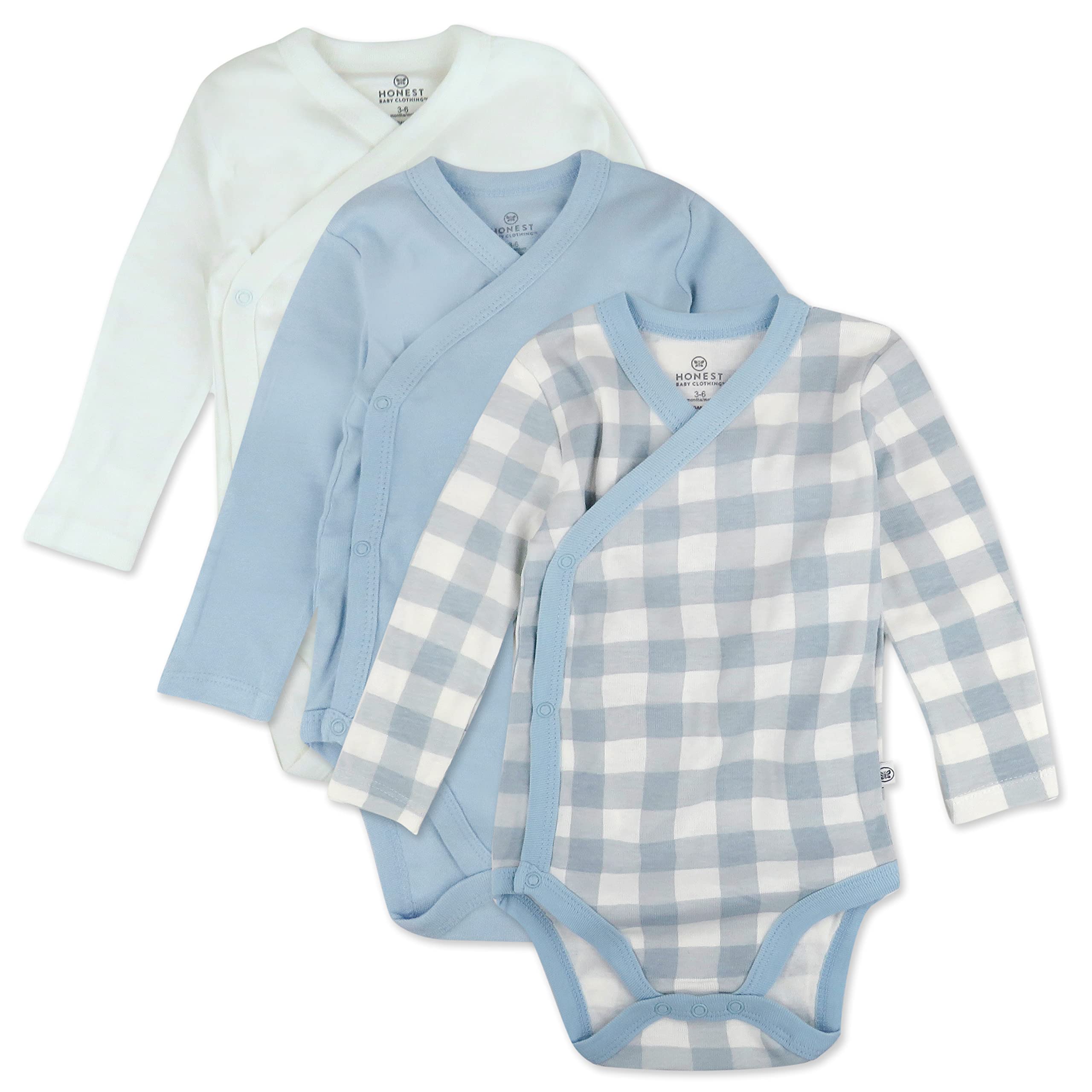 HonestBaby Baby 3-pack Long Sleeve Side-snap Kimono Bodysuits Organic Cotton for Infant Baby Boys, Girls, Unisex