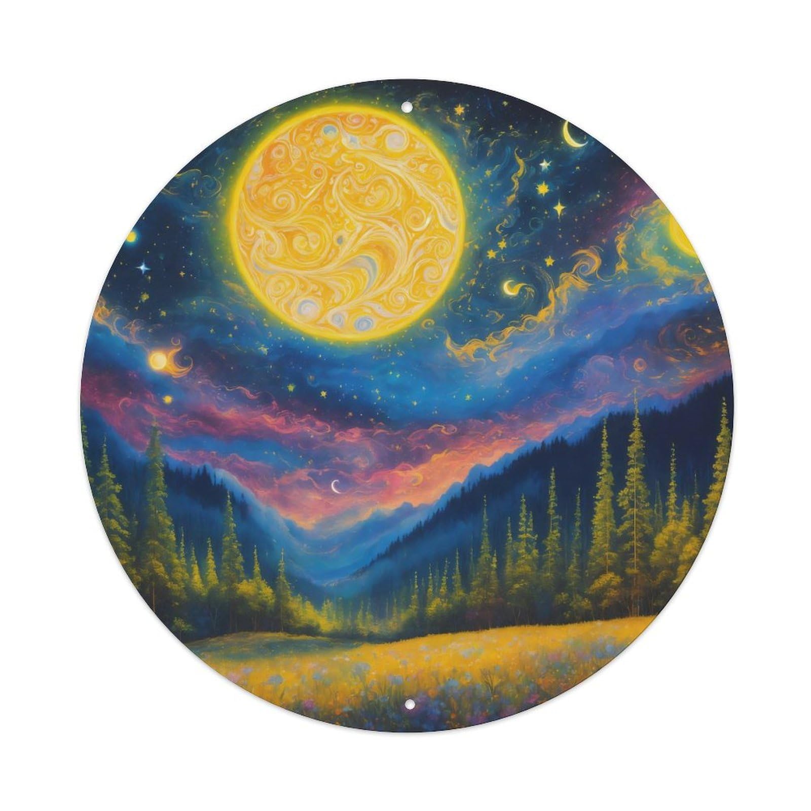 Vintage Art Starry Night Enchanted Forest Dreamscape Vintage Metal Tin Sign Plaque Wall Decor for Cafe, Club, Garden Round Metal Poster 8x8Inch