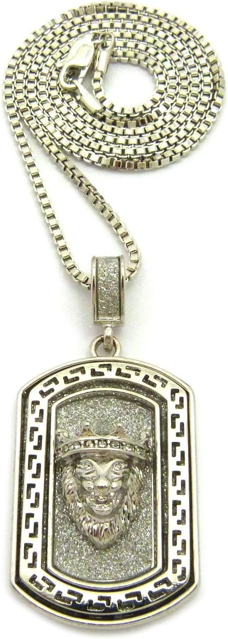 Fashion 21 3D King Lion Head Dog Tag Pendant 24",27",30" Box Chain Necklace in Gold, Silver Tone