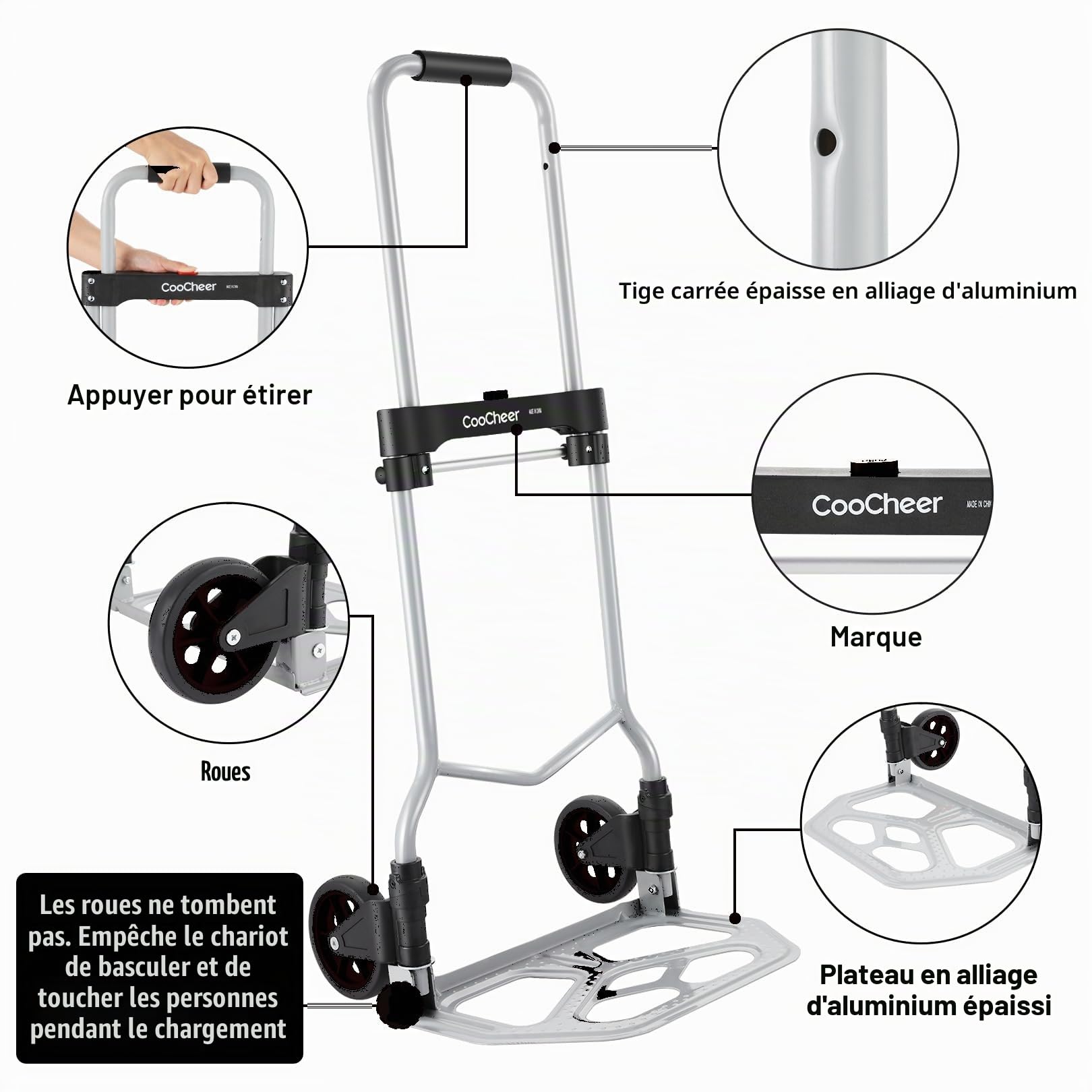 COOCHEER Diable Pliable Charge 120kg, Chariots de manutention 2 Roues avec Poignée Télescopique en Aluminium