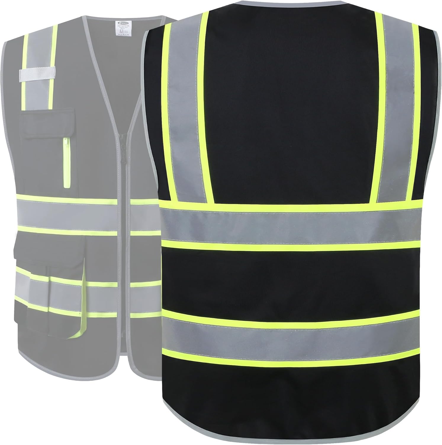 JKSafety 7 Pockets High Visibility Black Safety Vest for Men and Women Zipper Front with Hi-Vis Reflective Strips Meets ANSI/ISEA Standards(130-Black, X-Large) - Image 2