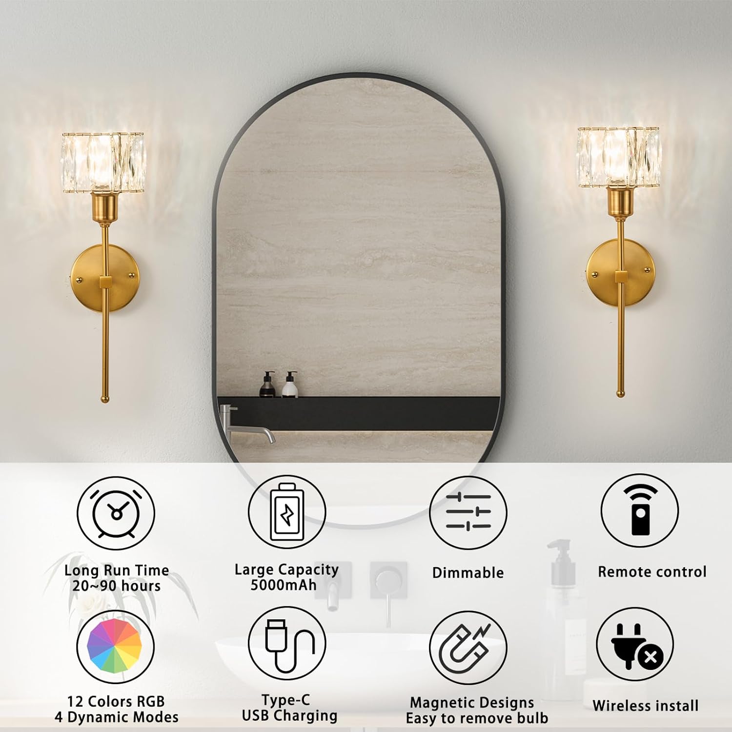 Crystal Battery Operated Wall Sconces Set Of Two, Gold Wireless Wall Light with USB Rechargeable LED Light Bulbs 12 Colors Dimmable Crystal Wall Lamp with Remote for Living Room, Bedroom, Hallway