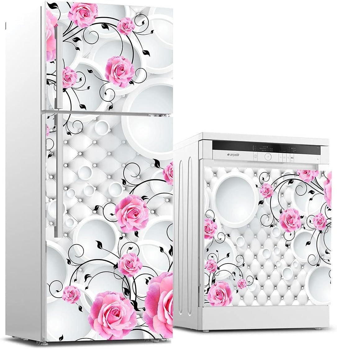 Buzdolabı ve Bulaşık Makinası Beyaz Eşya Sticker Kaplama 3D Pembe Gül
