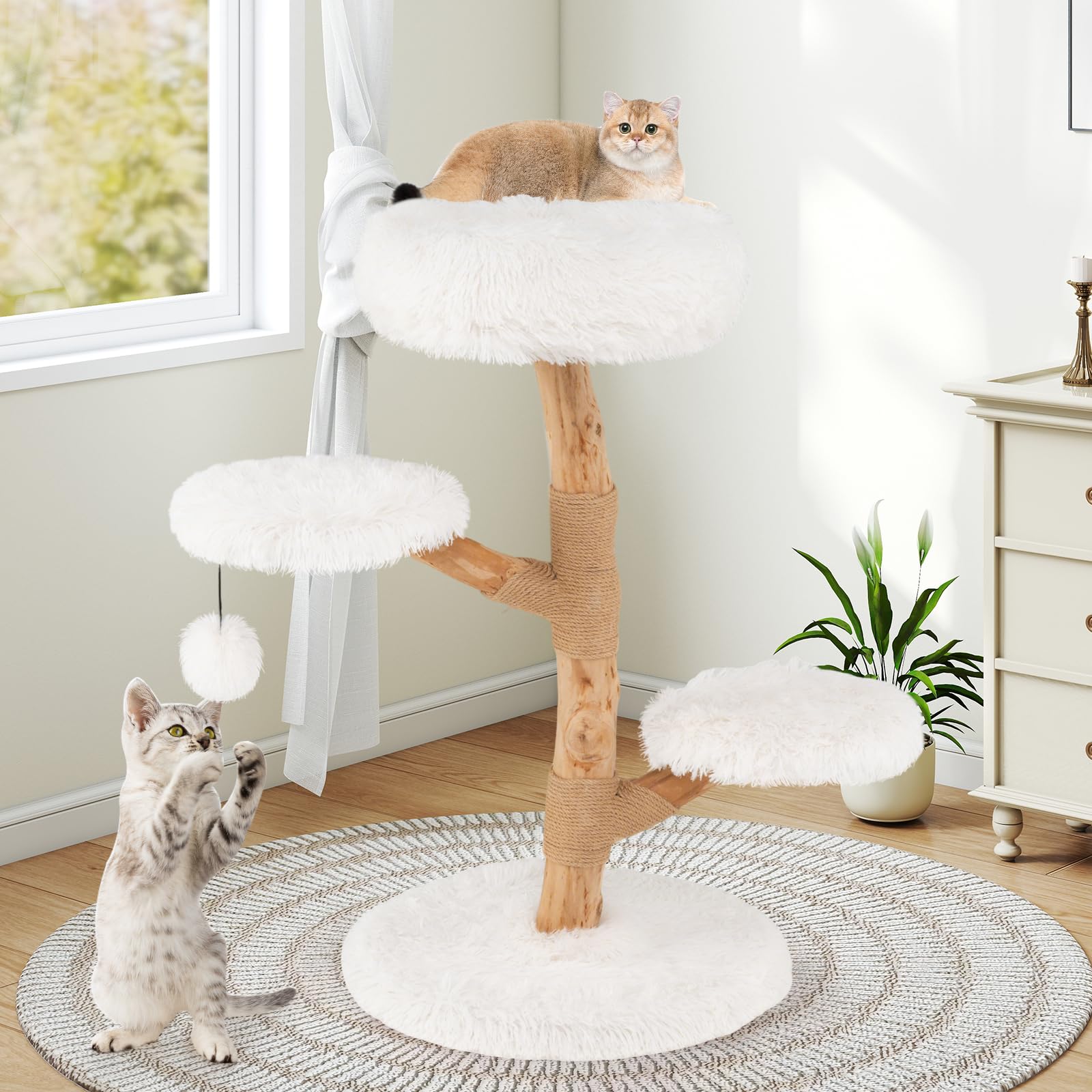 COSTWAY Albero per Gatti 90 cm, Torre per Gatti in Legno con Piattaforma in Tessuto in Pile Lungo, Tiragraffi in Juta e Pallina Pendente, Cuccia per Animali Domestici (Bianco)