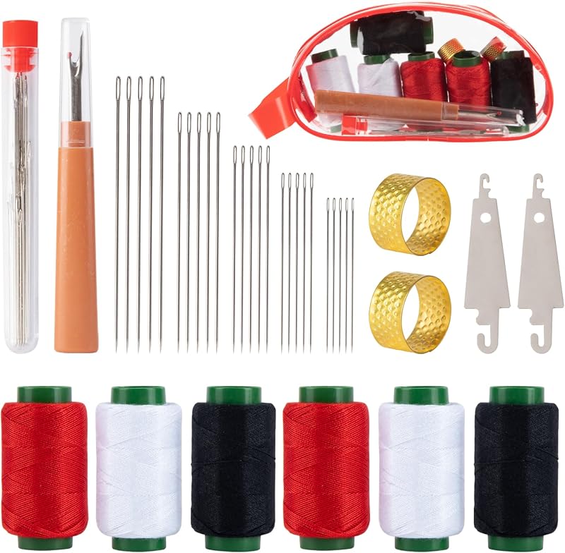 ZMLLAYE Kit de costura, juego de 37 agujas de coser de ojo grande con enhebrador | Kit completo de costura a mano con agujas de ojo grande, hilos, dedales, enhebradores y descosedores para reparaciones sencillas y manualidades de bricolaje.