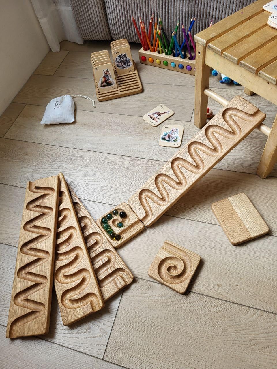 Marble Run Track Personalized Set Waterfall Marle Race Machine Wooden Maze Board Ball Run Wave Course Gift for Kids Winding Track Set Roller
