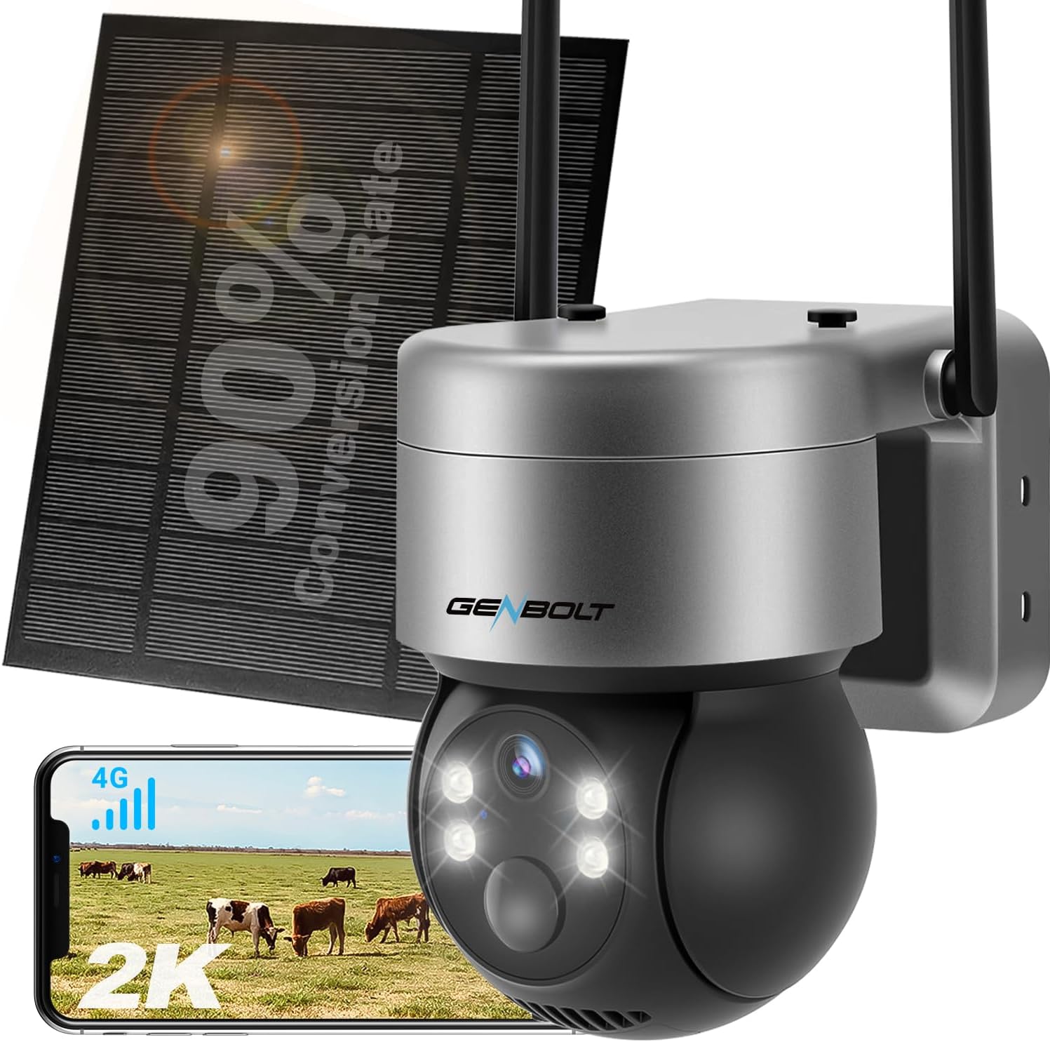 GENBOLT 4G LTE Solar Security Camera Outdoor Wireless No WiFi,24/7 Recording AOV, 8W 14400mAh Battery, 2K Surveillance Camera with Sim Card, 90FT AI Detection Human