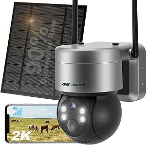 4G LTE Solar Security Camera Outdoor Wireless 2K, GENBOLT 6W 12000mAh Battery Operated Surveillance Camera No WiFi, PTZ IP Camera System with SIM Card Cellular, PIR Siren Alarm Humanoid Detection asin的图片