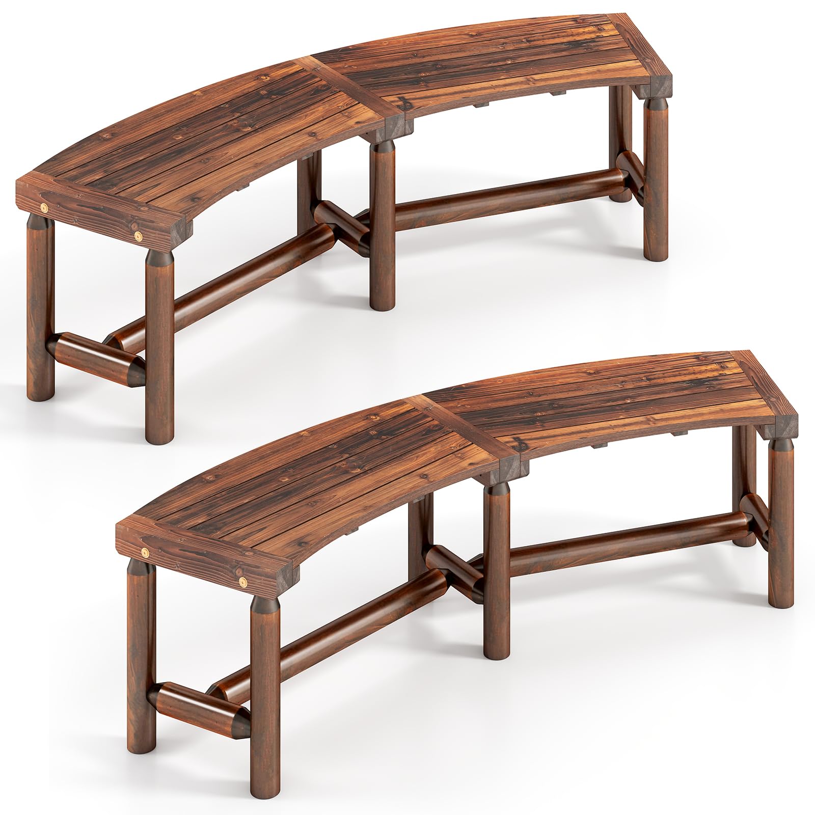 COSTWAY 2-3 People Garden Bench, Wooden Curved Fire Pit Bench, Outdoor Loveseat Leisure Porch Seating for Patio, Porch & Deck (2, Brown, 170 x 58 x 45cm)