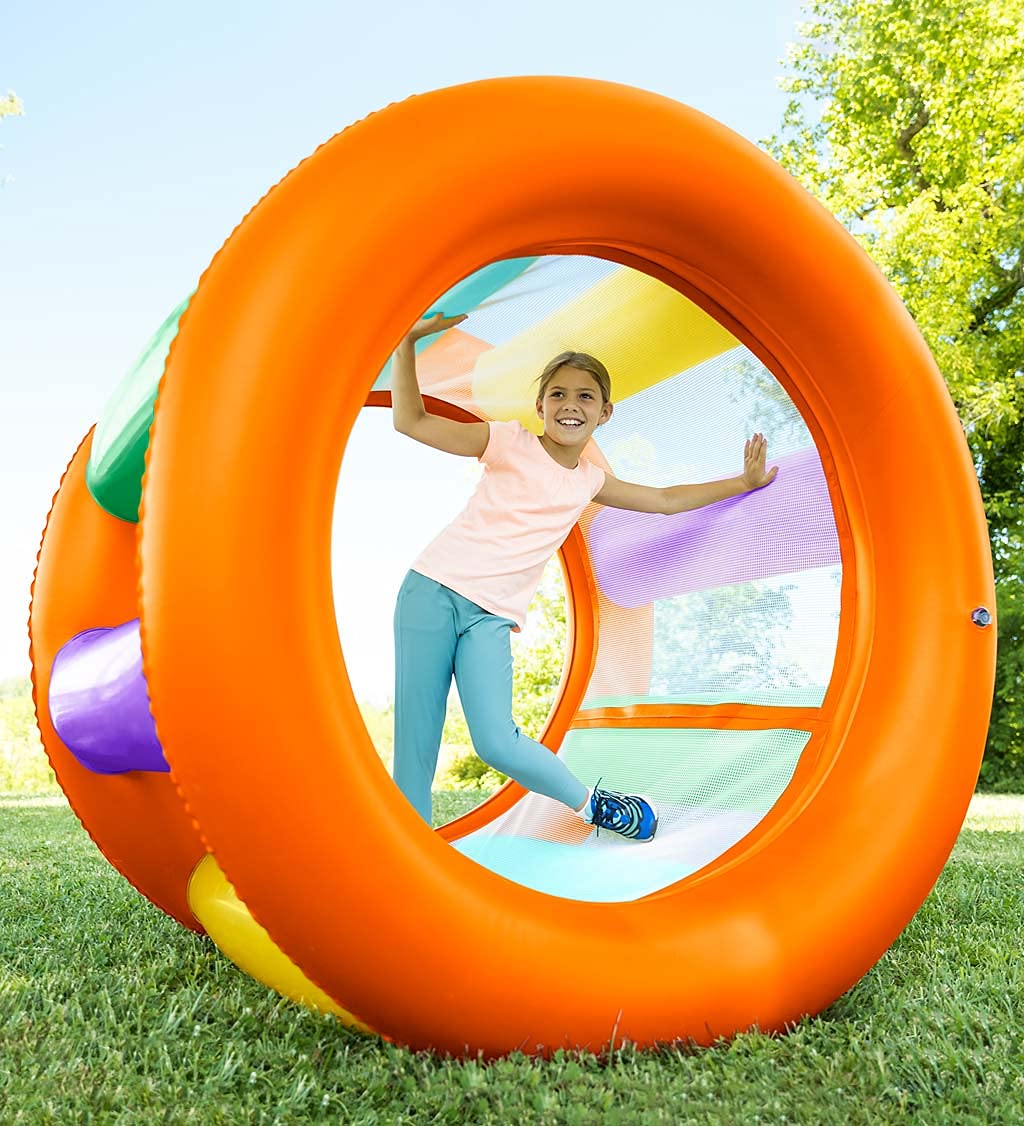 HearthSong Roll with It! 2.0 Giant Inflatable Rainbow Land Roller with Mesh Interior for Active Outdoor Play, 67" Outer Diam. x 45" Inner Diam, Holds up to 300 lbs.